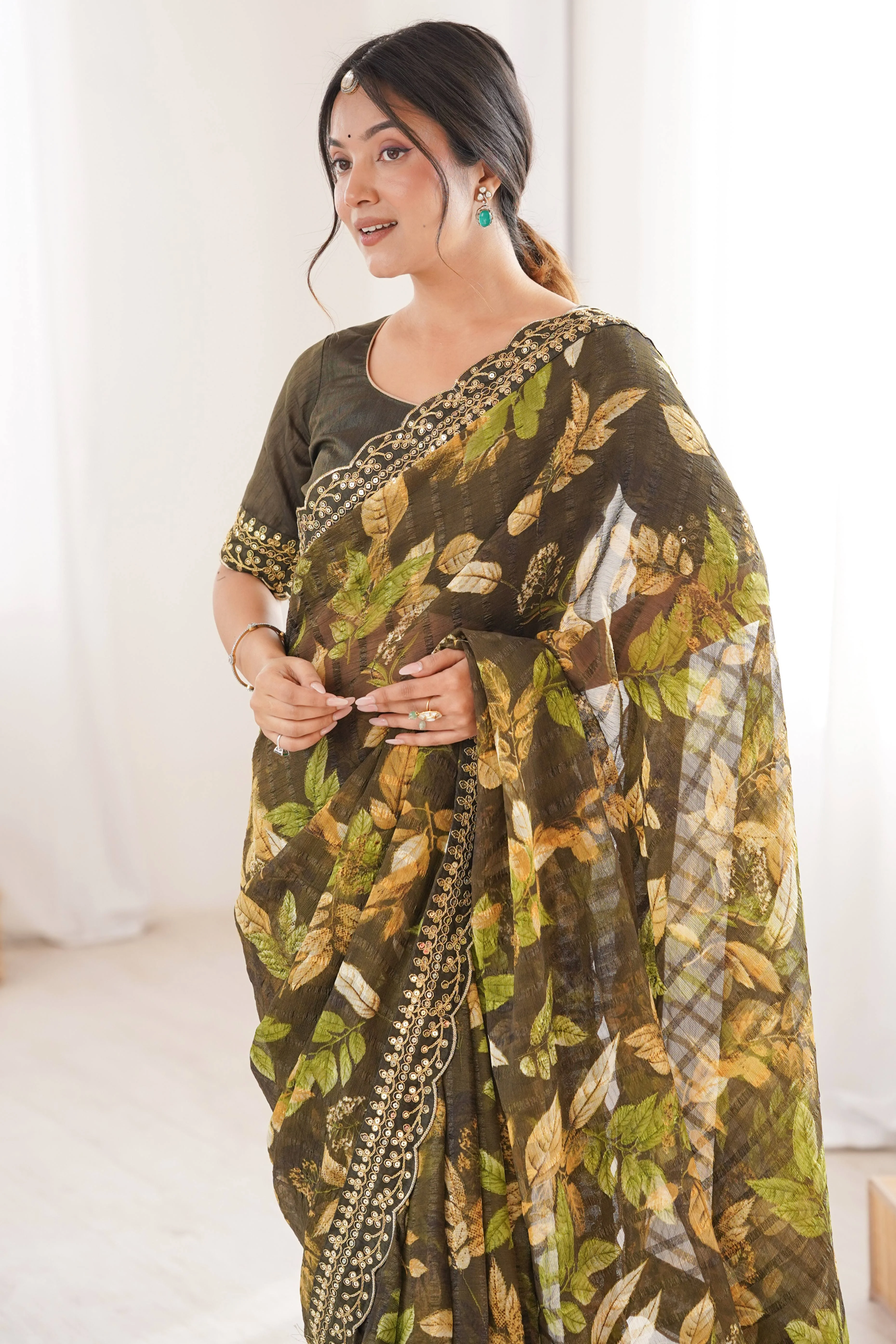 Elegant Green Leaf & Floral Print Georgette Saree With Intricate Cording Sequins Embroidery Border - Image 8