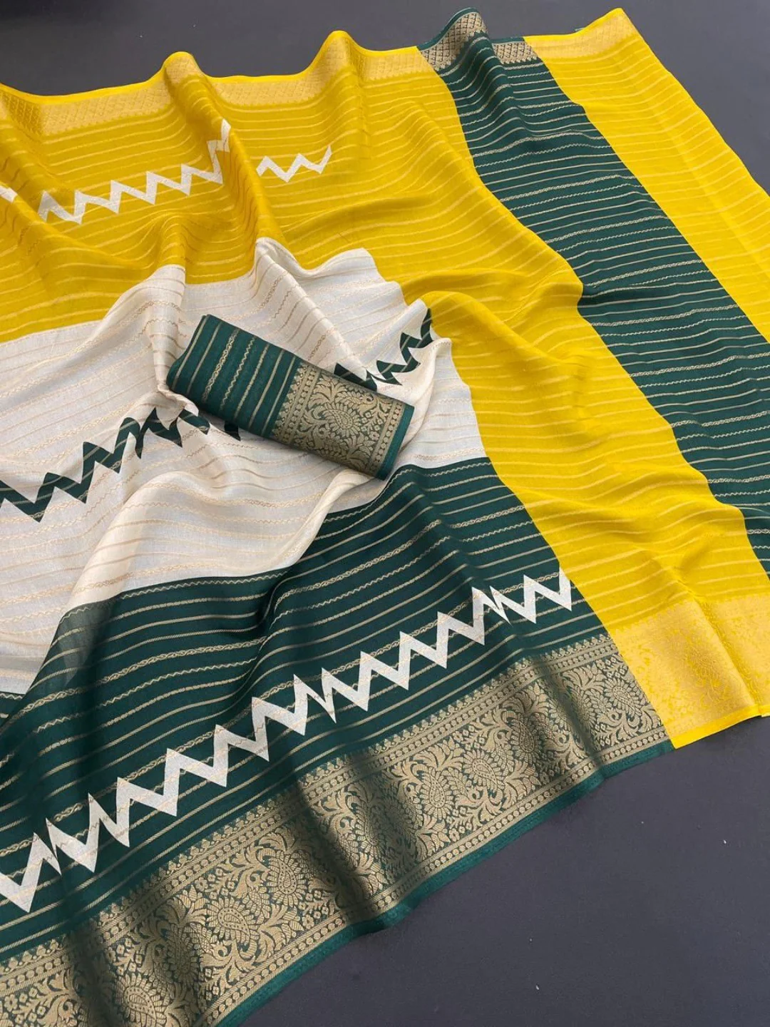 Elegant Green & Lemon Yellow Striped Weaving Georgette Saree Enhanced With Zig Zag Print Work - Image 2