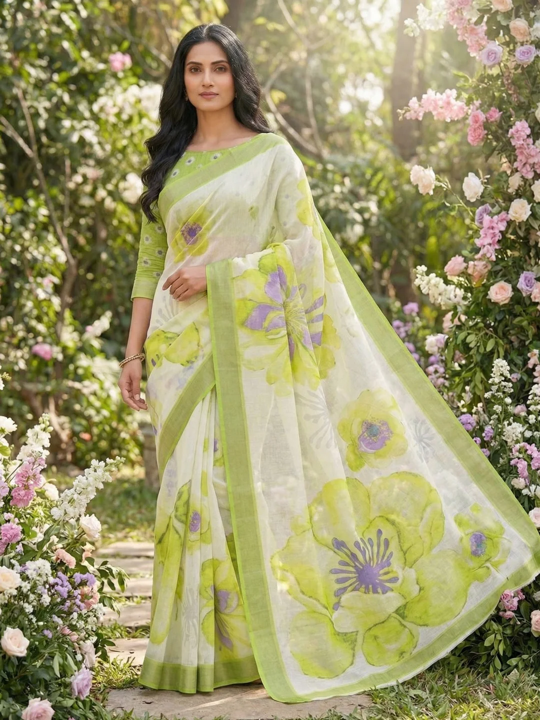 Elegant Green Linen Saree with Floral Print and Border Detail