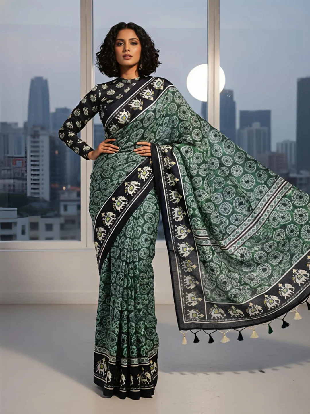 Elegant Green Mysore Silk Saree with Traditional Ikkat Print