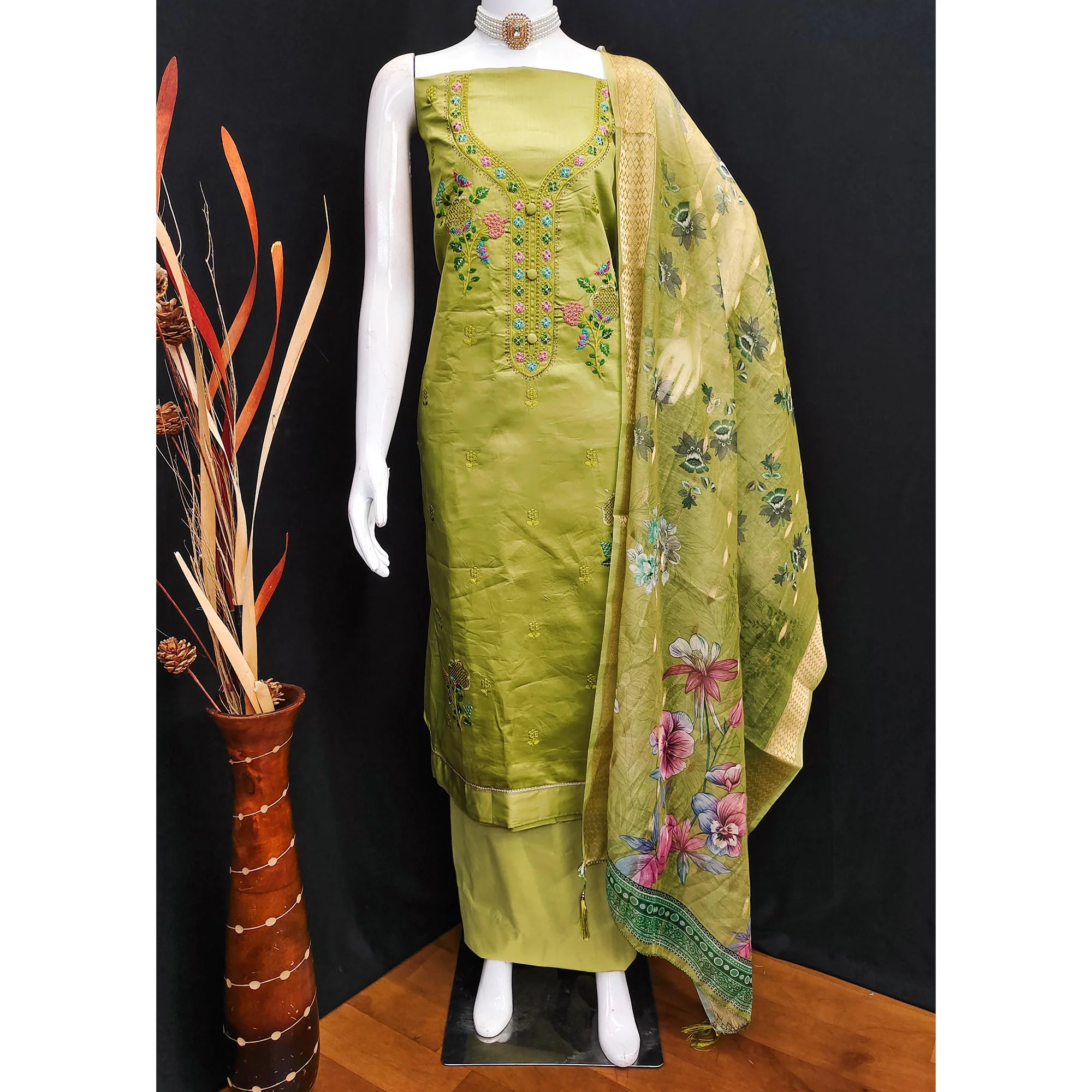 Elegant Green Pure Cotton Dress Material Showcasing Fine Floral Embroidery & Swarovski Work - Image 5