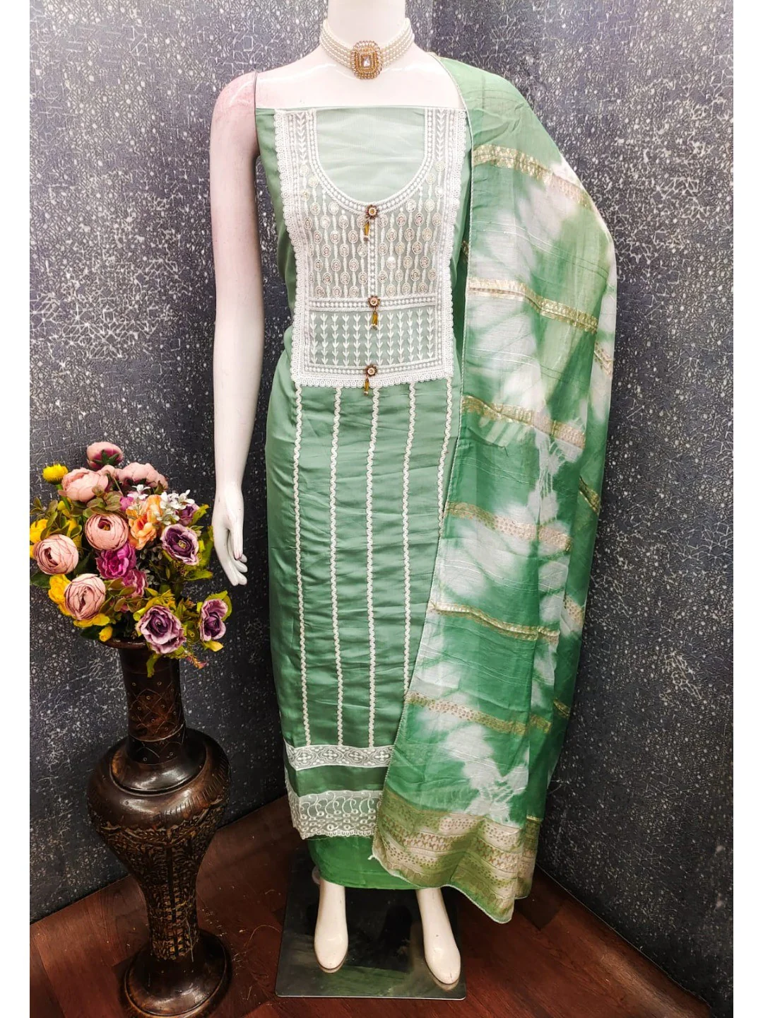 Elegant Green Roman Cotton Blend Dress Material With Thread Embroidery & Sequins Work - Image 2