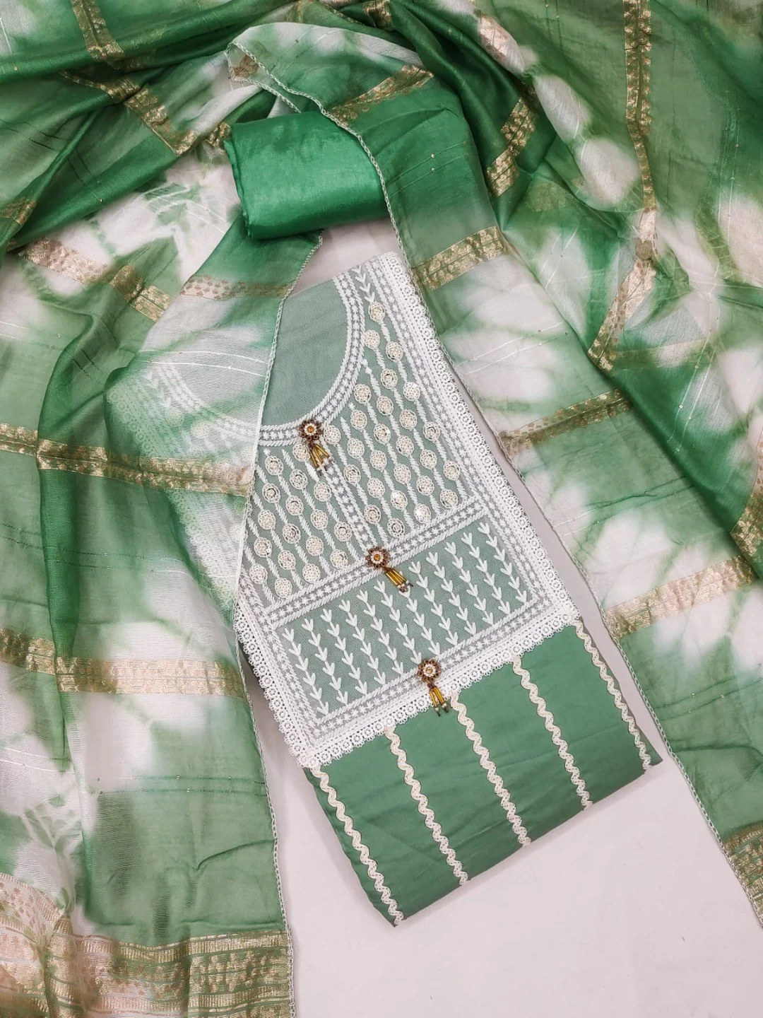 Elegant Green Roman Cotton Blend Dress Material With Thread Embroidery & Sequins Work - Image 5