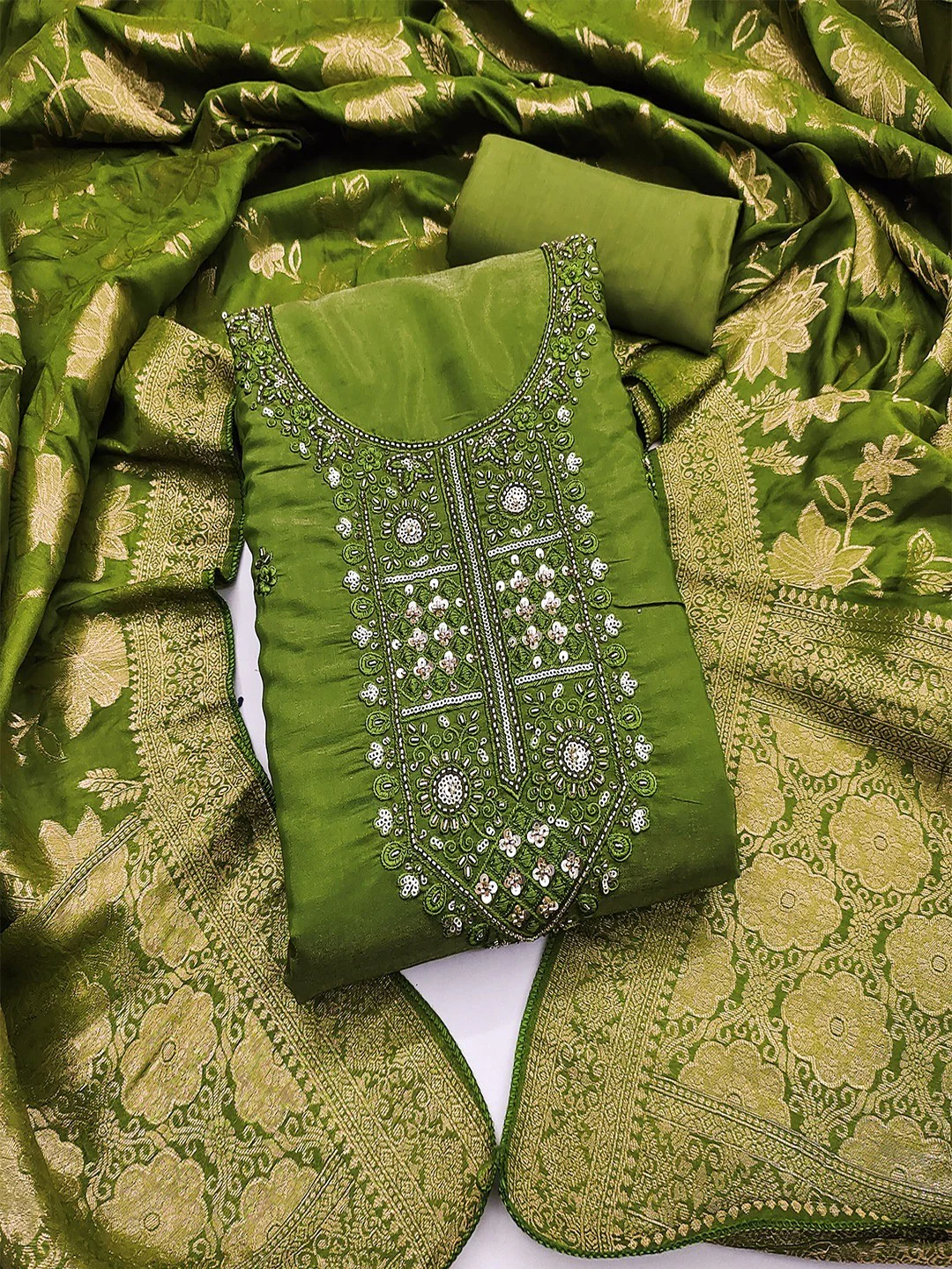 Elegant Green Shimmer Dress Material with Embroidered Details - Image 3