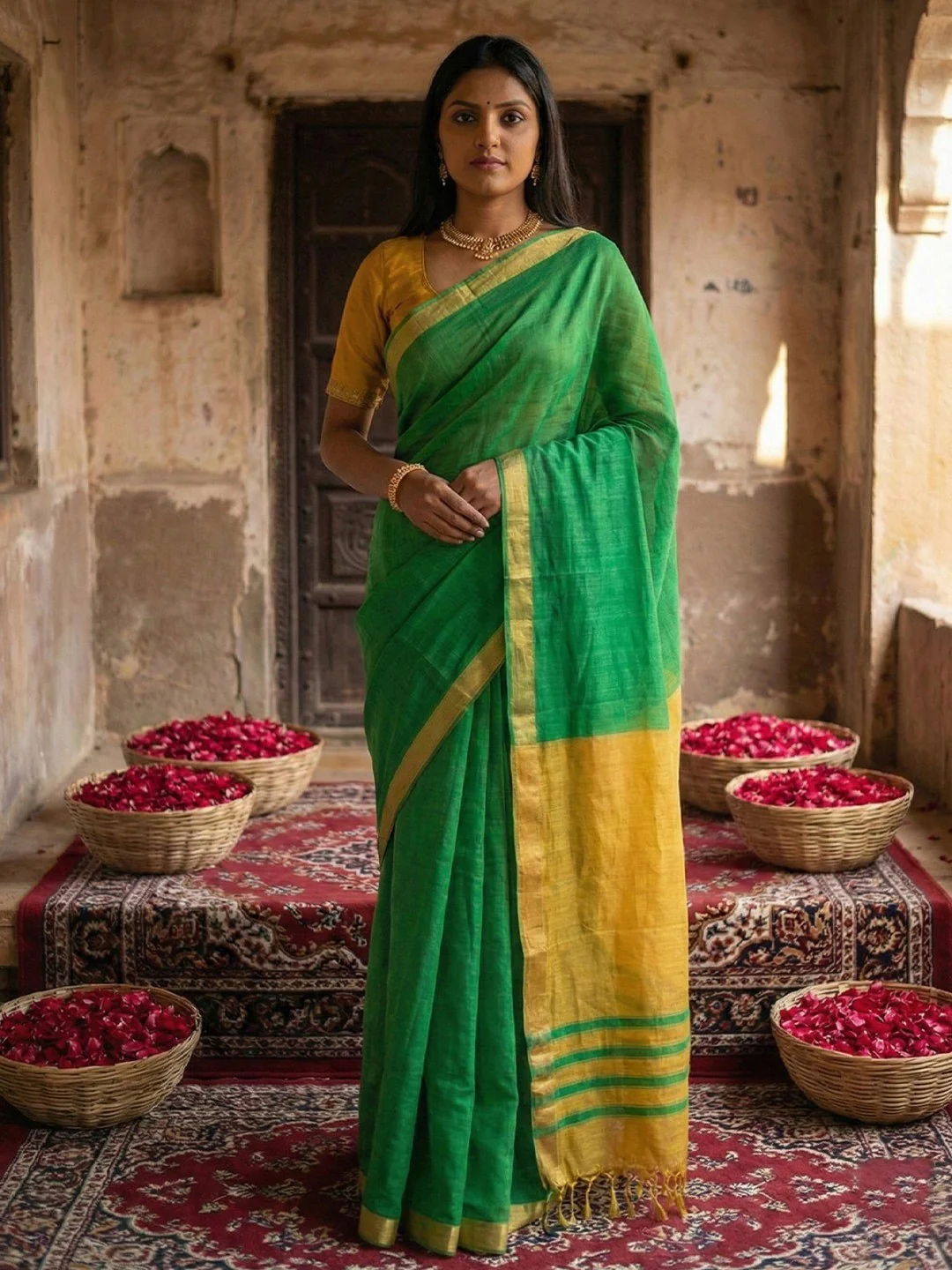 Elegant Green Solid Cotton Blend Saree Highlighted By Woven Border & Tassel Pallu