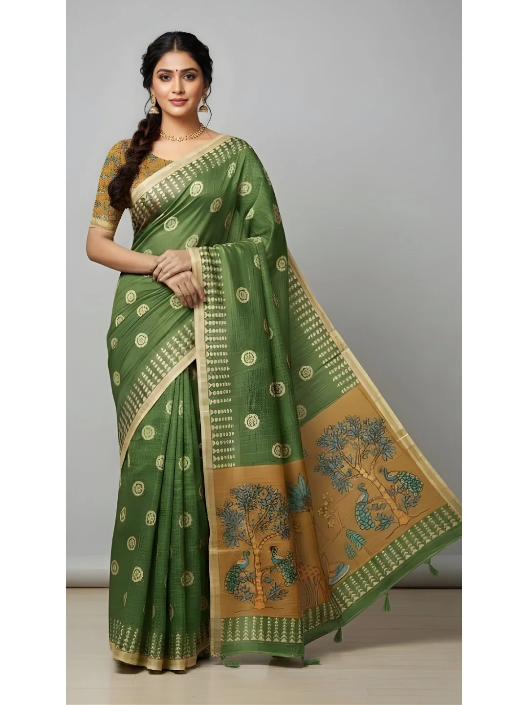 Elegant Green Tussar Silk Saree Featuring Zari Checks Weaving With Bird & Animal Printed Pallu