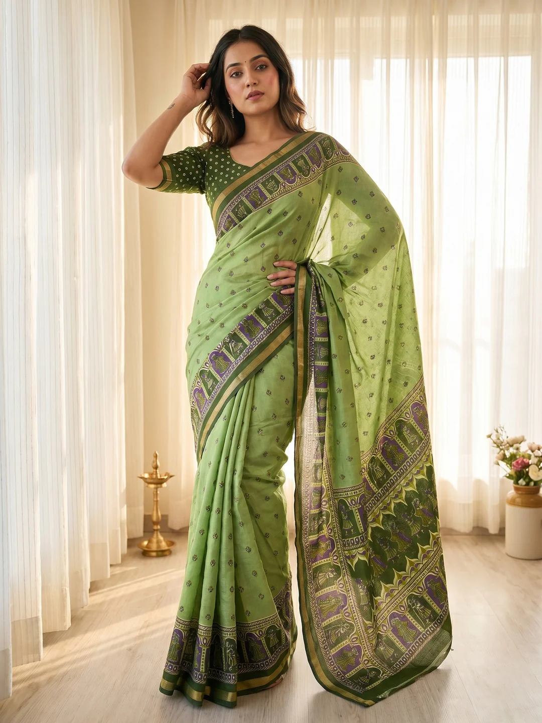 Elegant Green Viscose Saree with Fancy Print and Zari Border