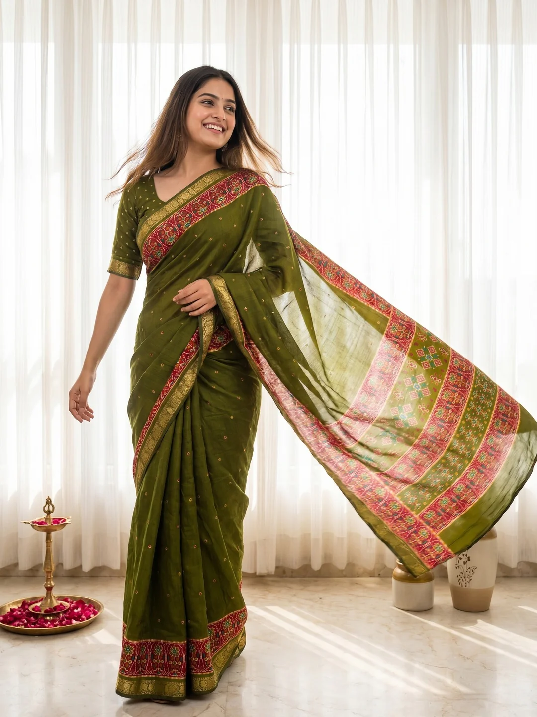 Elegant Green Viscose Saree with Jaipuri Print and Jacquard Zari Border