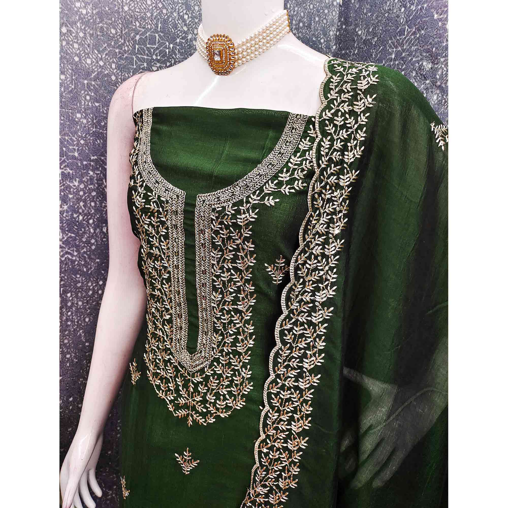 Elegant Green Zari Embroidery & Sequins Embellished Vichitra Silk Dress Material - Image 4