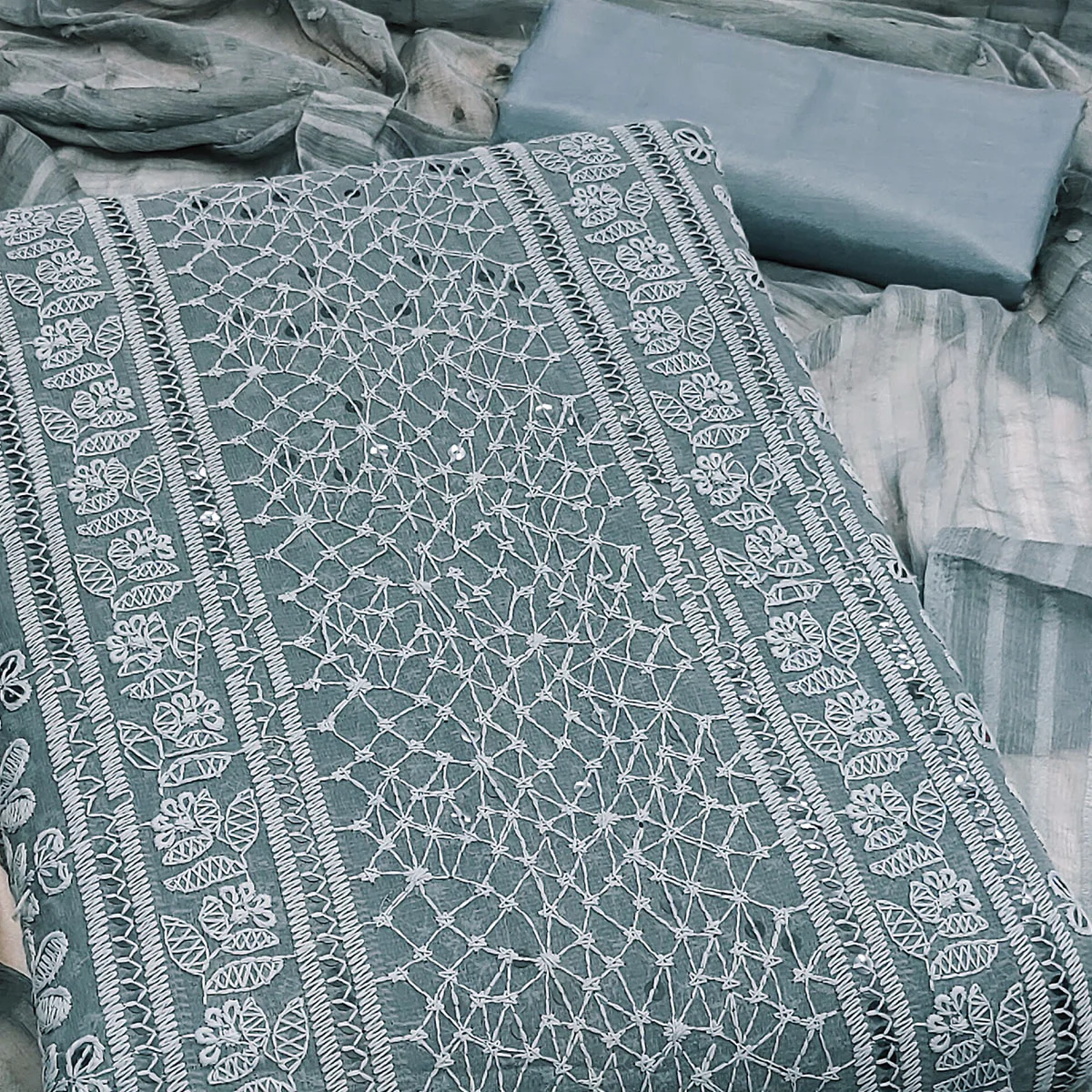 Elegant Grey Floral Embroidered Georgette Dress Material With Delicate Sequins Accents - Image 2