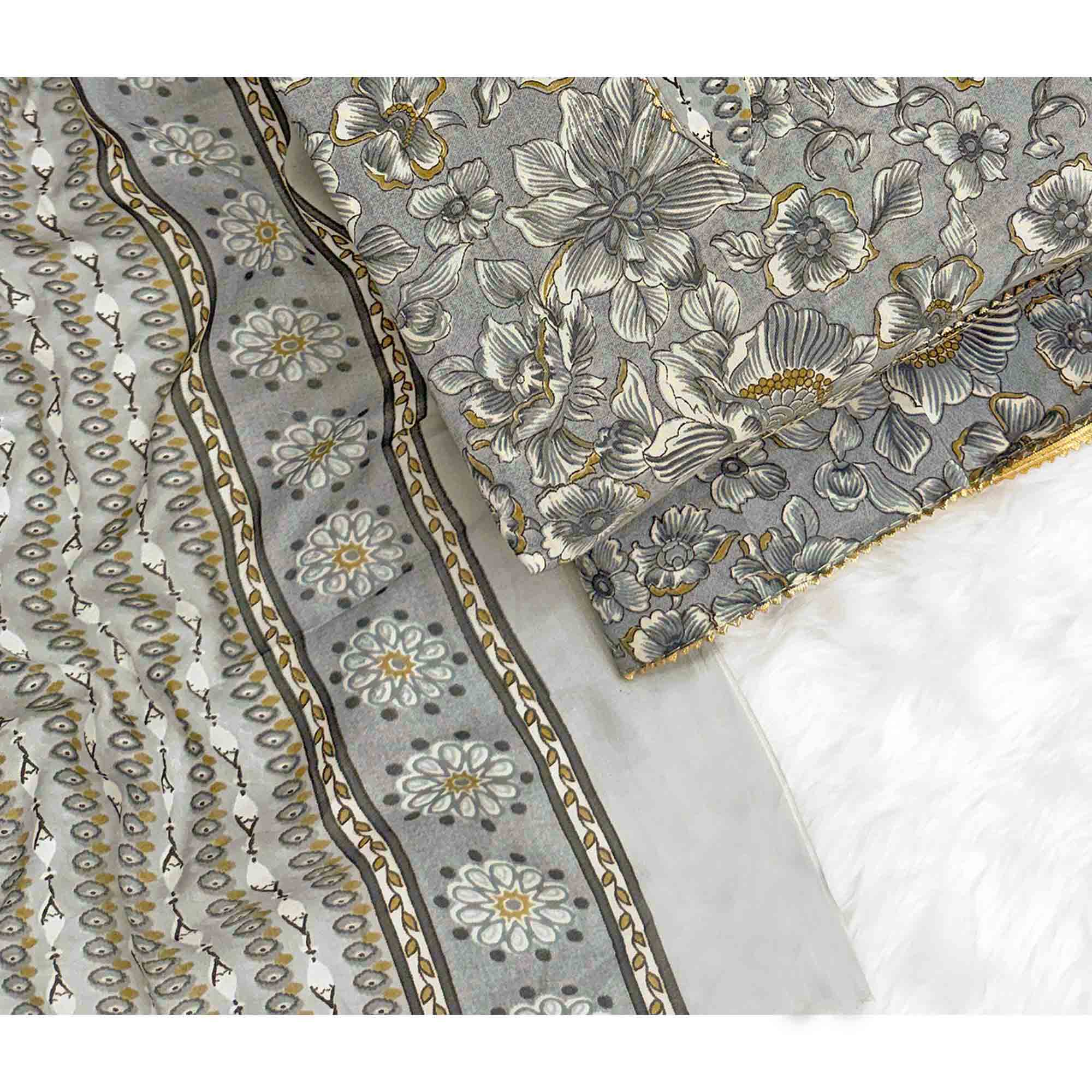 Elegant Grey Floral Printed Cotton Blend Dress Material Adorned With Intricate Lace Border - Image 5