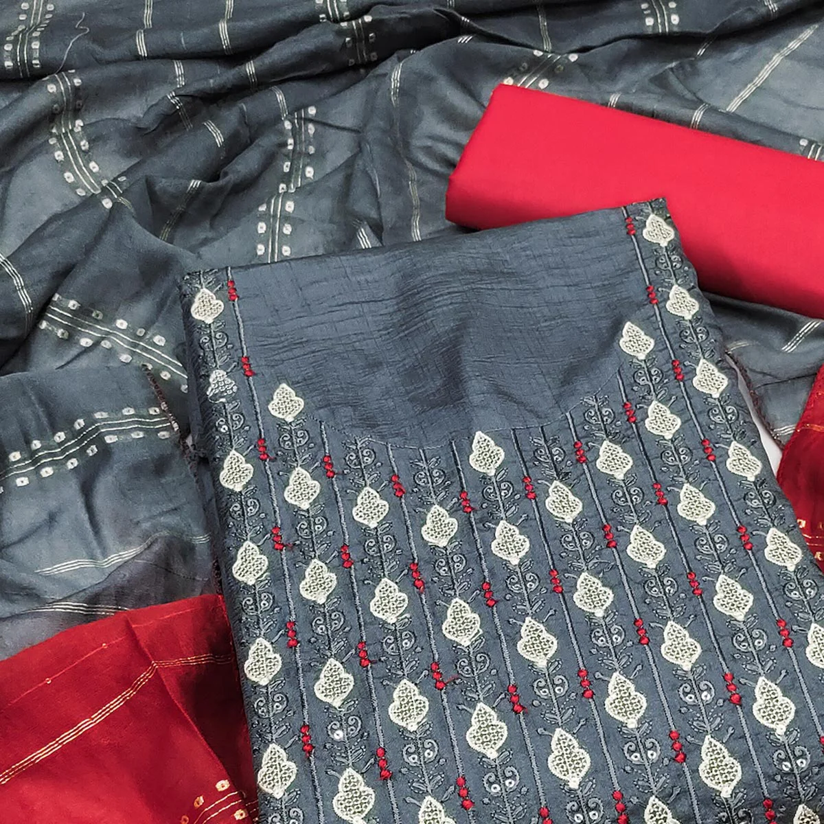 Elegant Grey Floral Thread & Sequins Embroidered Silk Blend Dress Material - Image 2