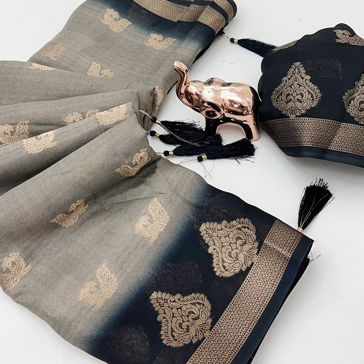 Elegant Grey Peacock Pattern Zari Weaving Georgette Saree With Tassel Pallu - Image 2