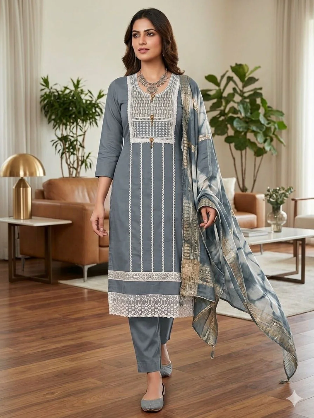 Elegant Grey Roman Cotton Blend Dress Material With Thread Embroidery & Sequins Work