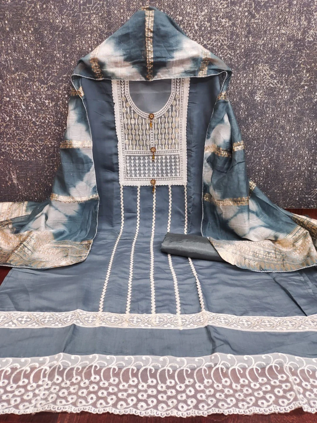Elegant Grey Roman Cotton Blend Dress Material With Thread Embroidery & Sequins Work - Image 2