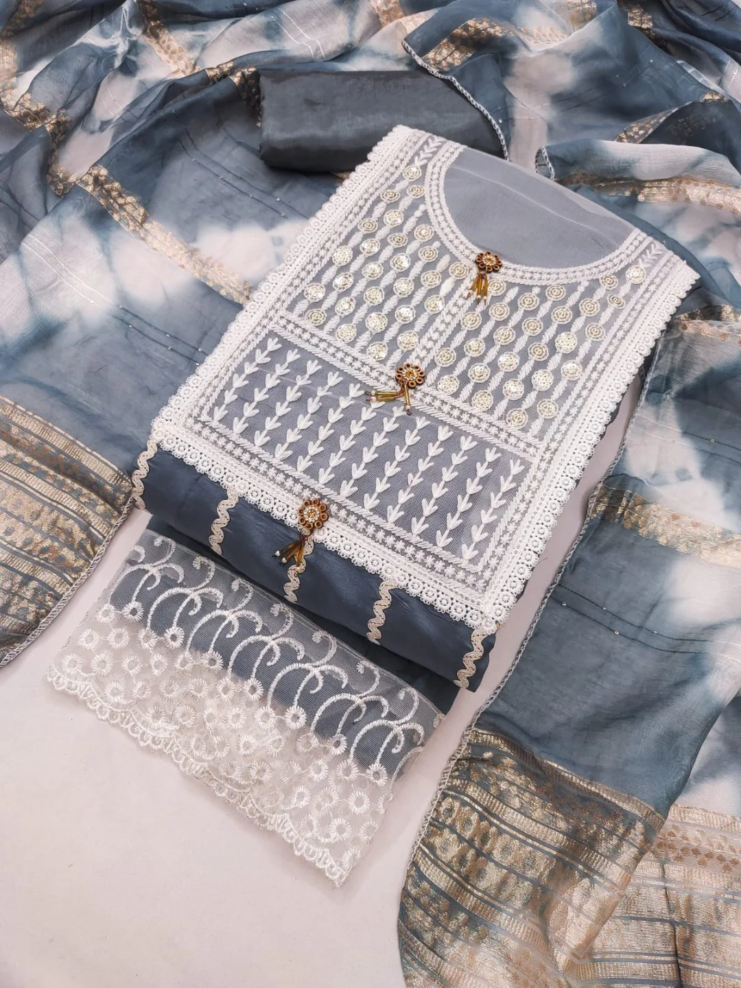 Elegant Grey Roman Cotton Blend Dress Material With Thread Embroidery & Sequins Work - Image 6