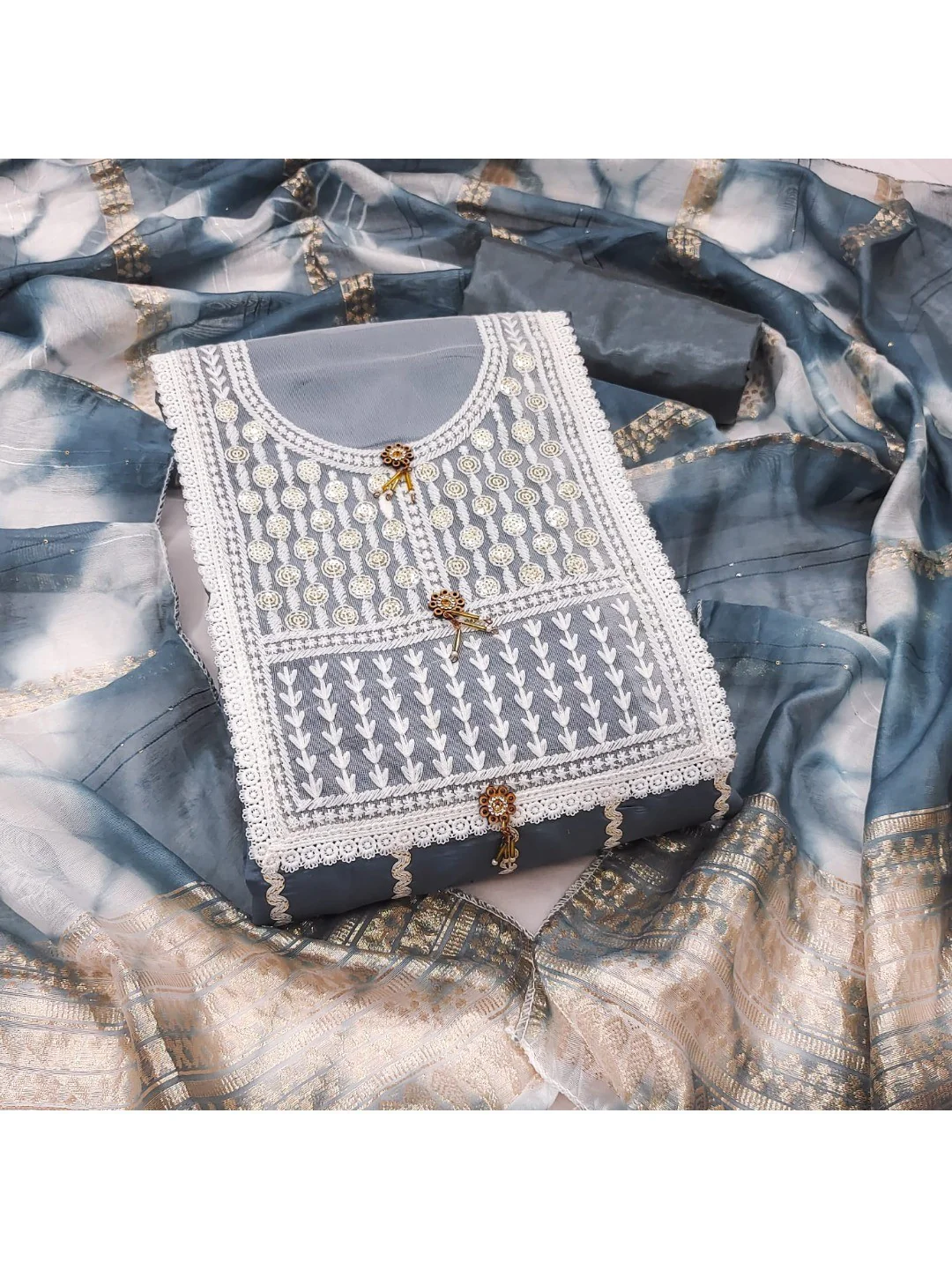 Elegant Grey Roman Cotton Blend Dress Material With Thread Embroidery & Sequins Work - Image 7