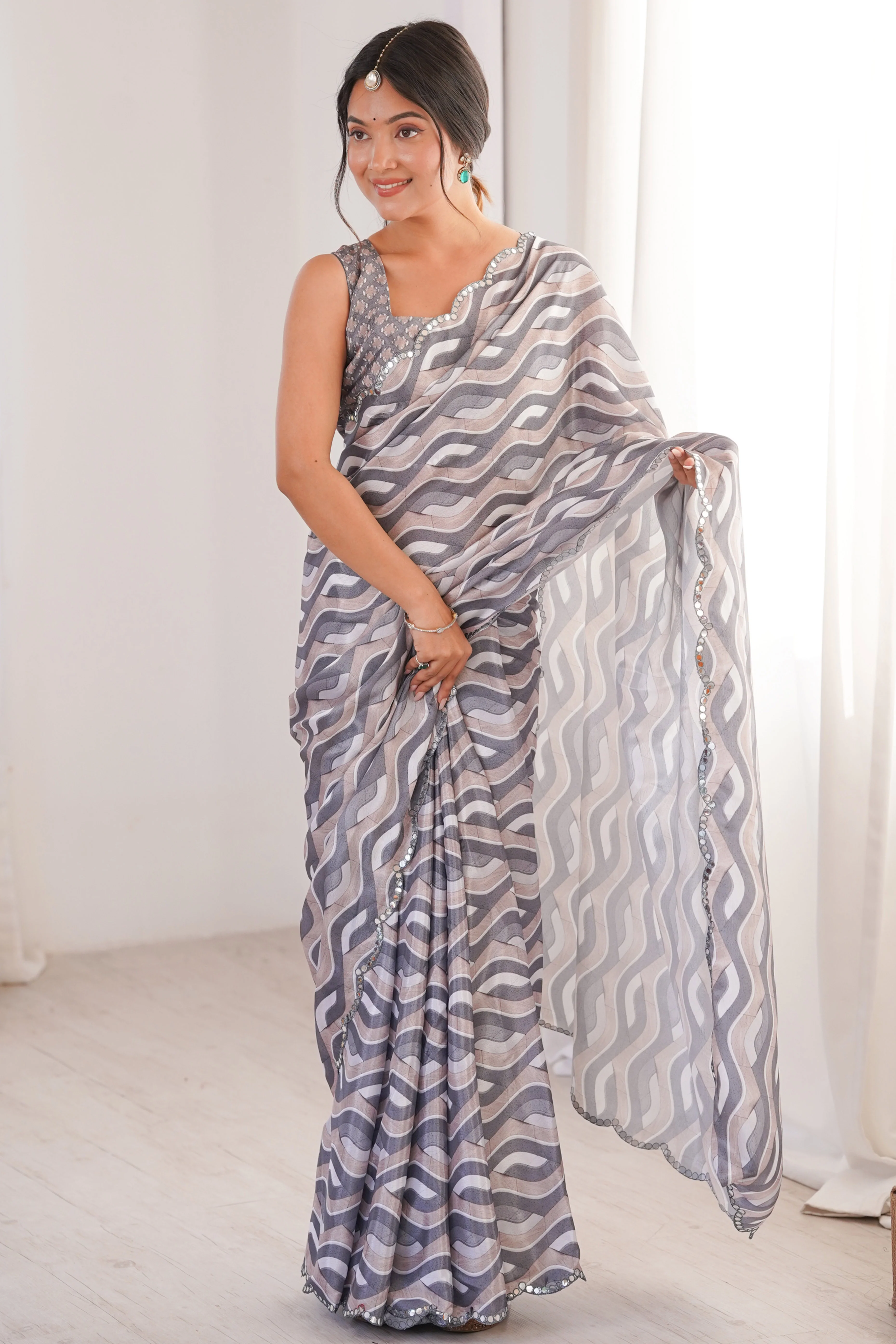 Elegant Grey Zig Zag Digital Printed Chinon Saree Accented With Intricate Embroidered Border