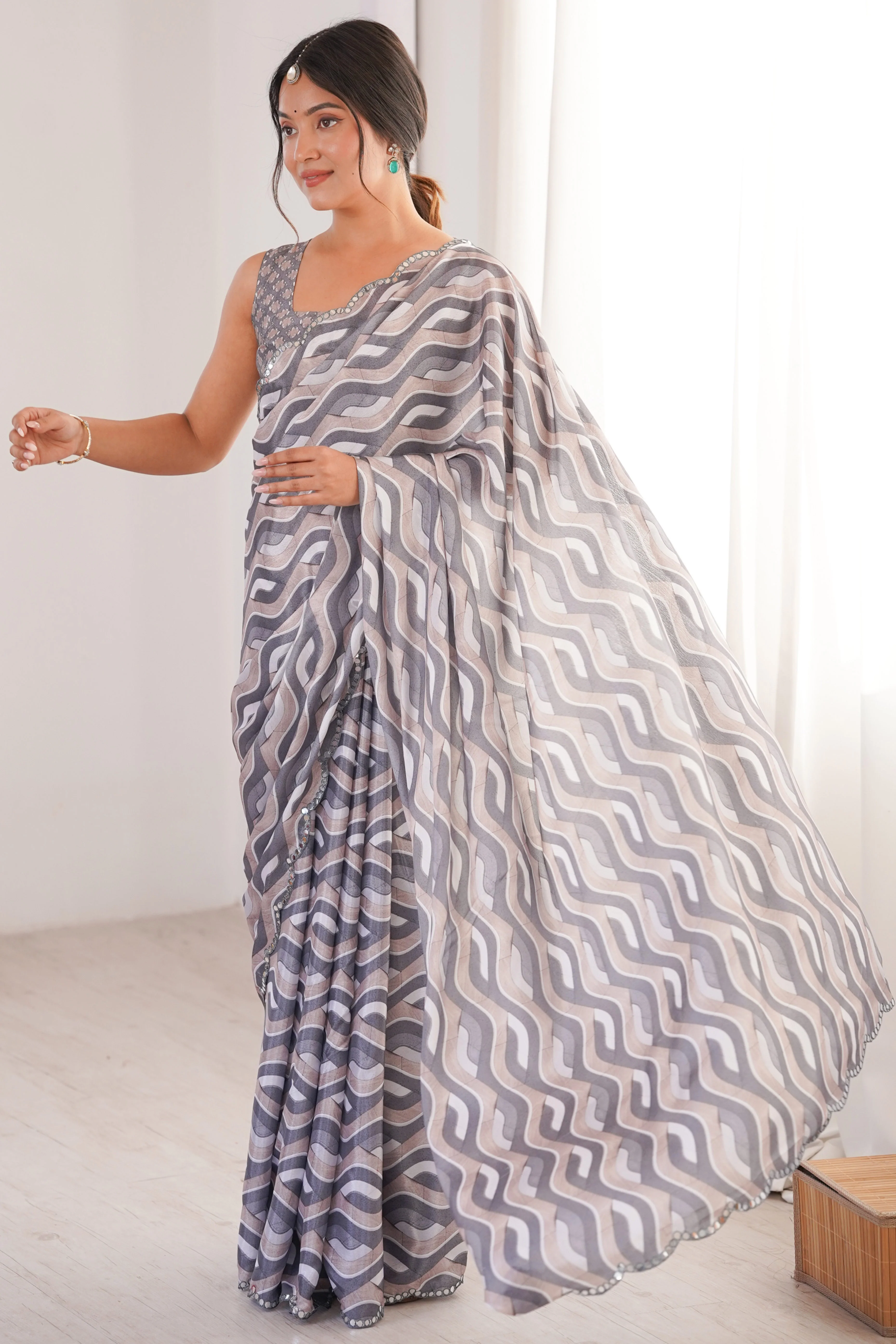 Elegant Grey Zig Zag Digital Printed Chinon Saree Accented With Intricate Embroidered Border - Image 4