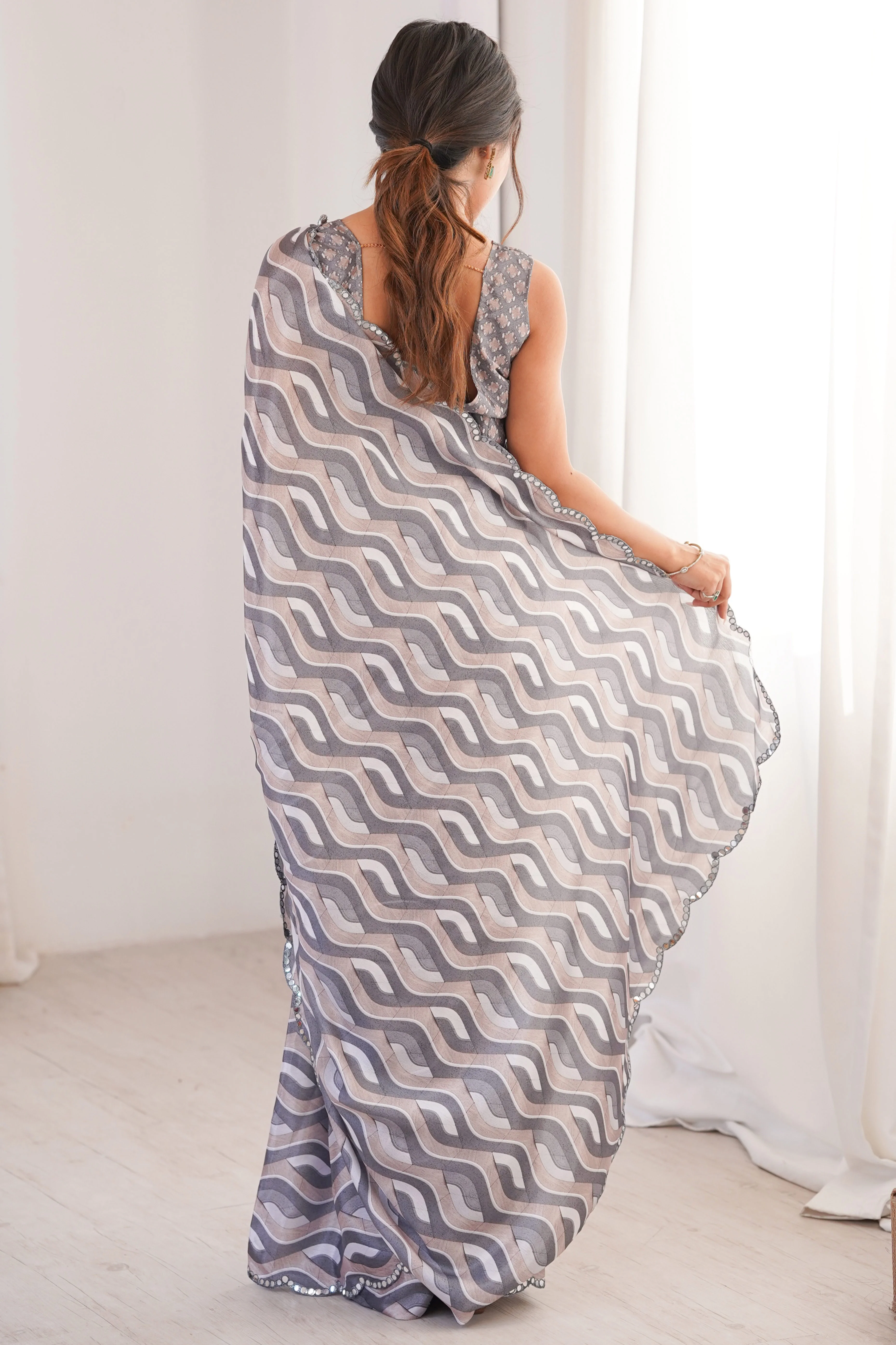 Elegant Grey Zig Zag Digital Printed Chinon Saree Accented With Intricate Embroidered Border - Image 6