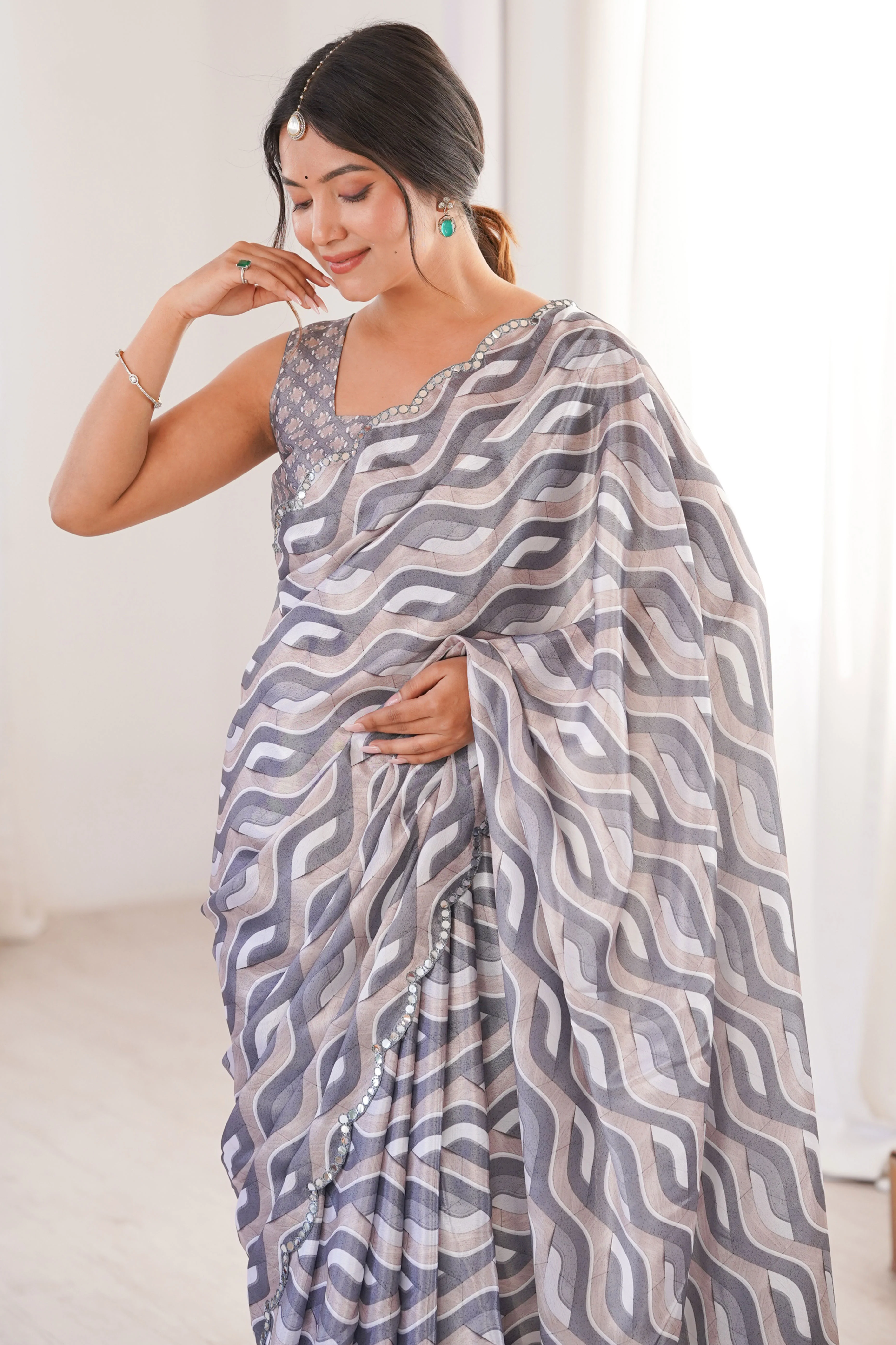 Elegant Grey Zig Zag Digital Printed Chinon Saree Accented With Intricate Embroidered Border - Image 7