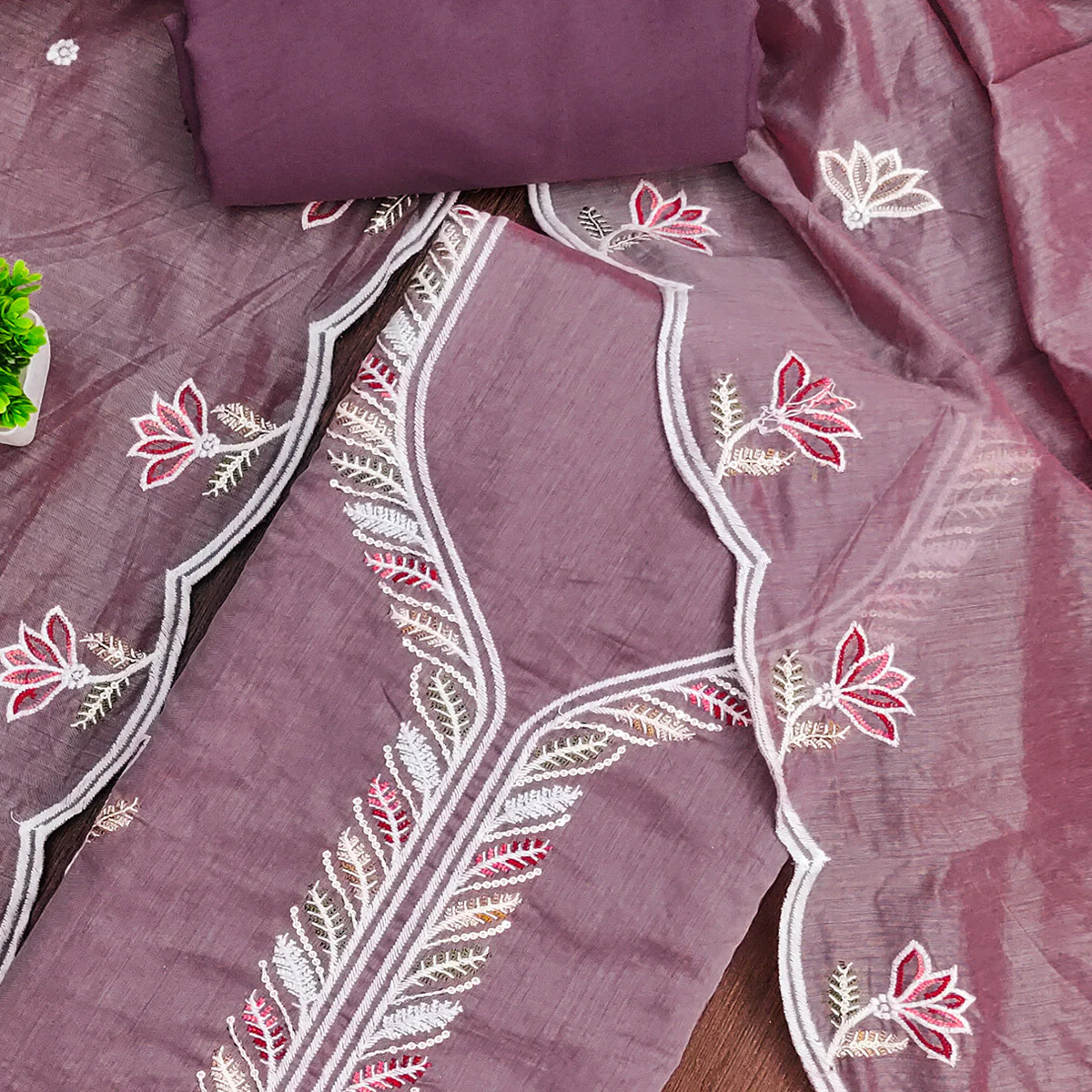 Elegant Lavender Chanderi Cotton Dress Material With Floral Thread Embroidery & Sequins - Image 2