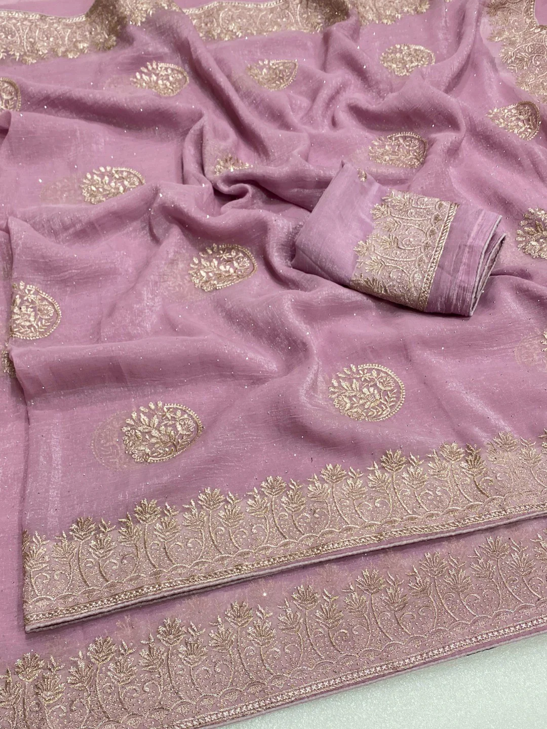 Elegant Lavender Crunchy Saree Adorned With Floral Embroidery & Shimmering Swarovski Work - Image 3