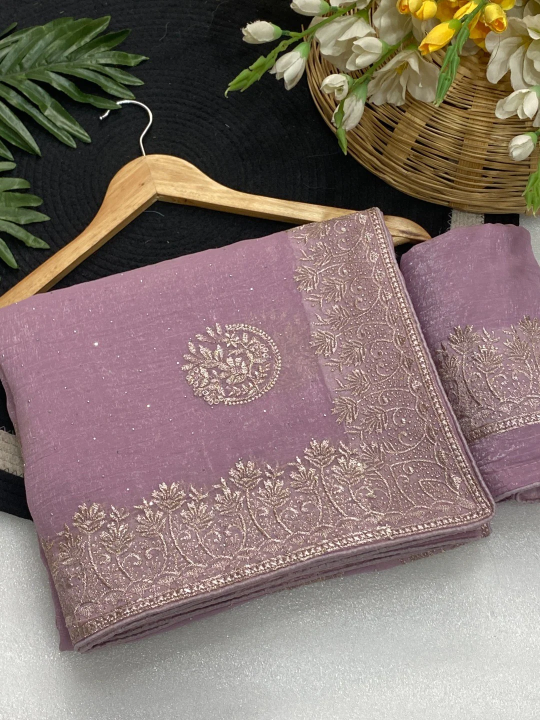 Elegant Lavender Crunchy Saree Adorned With Floral Embroidery & Shimmering Swarovski Work - Image 4