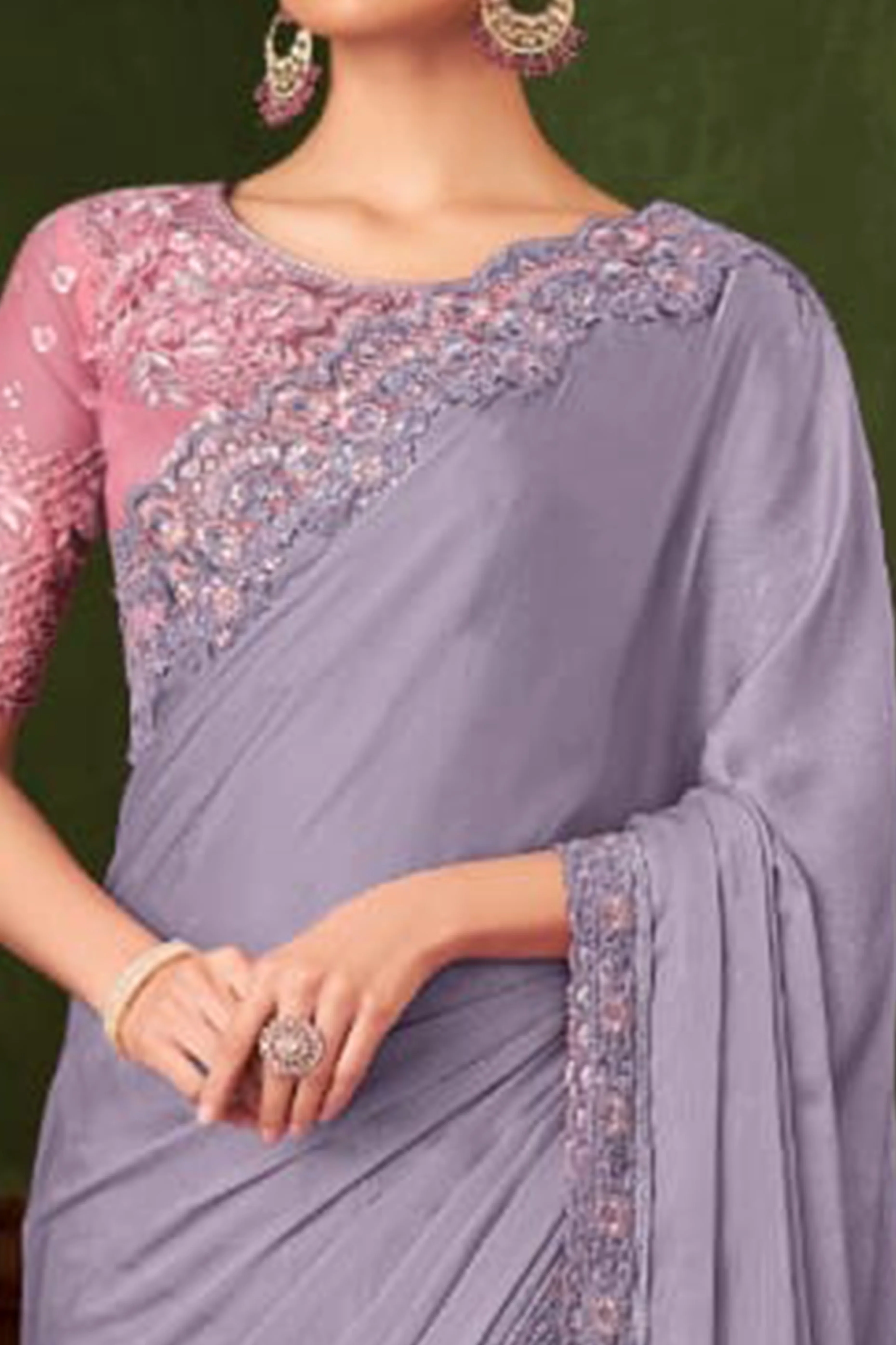 Elegant Lavender Floral Thread Embroidered Chiffon Saree Featuring Sequins Accents - Image 2