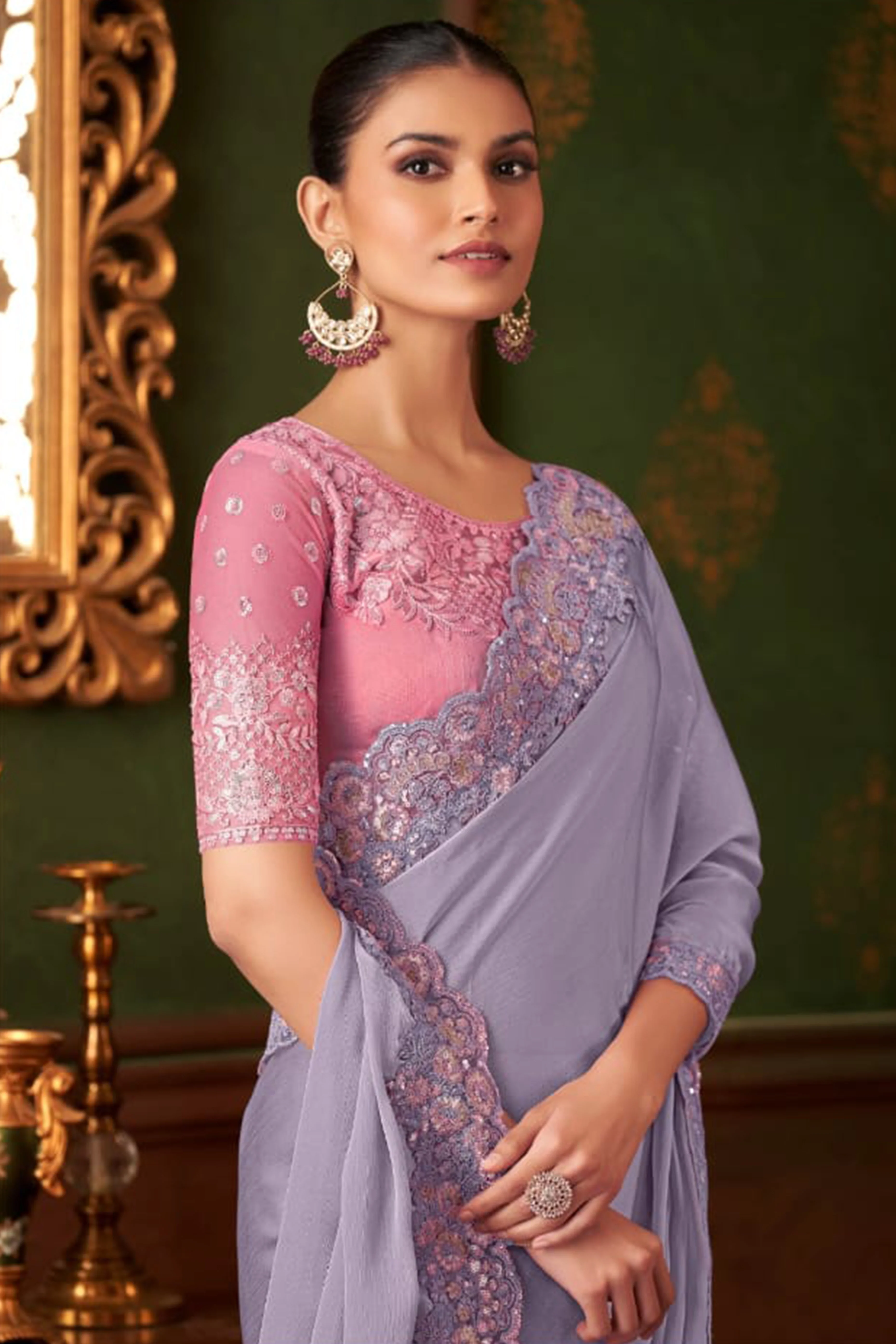 Elegant Lavender Floral Thread Embroidered Chiffon Saree Featuring Sequins Accents - Image 3
