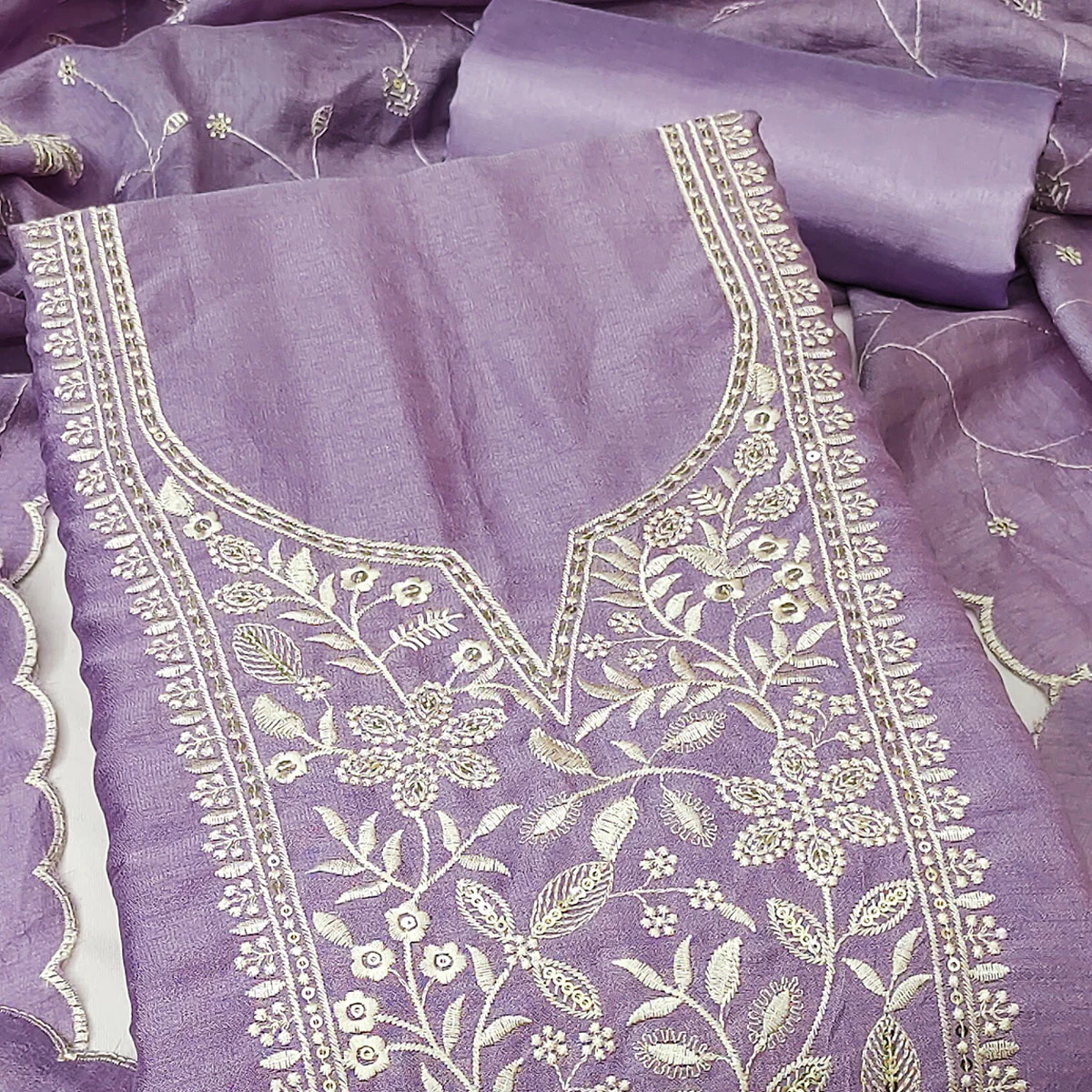 Elegant Lavender Floral Thread Embroidered With Sequins Work Vichitra Silk Dress Material - Image 2