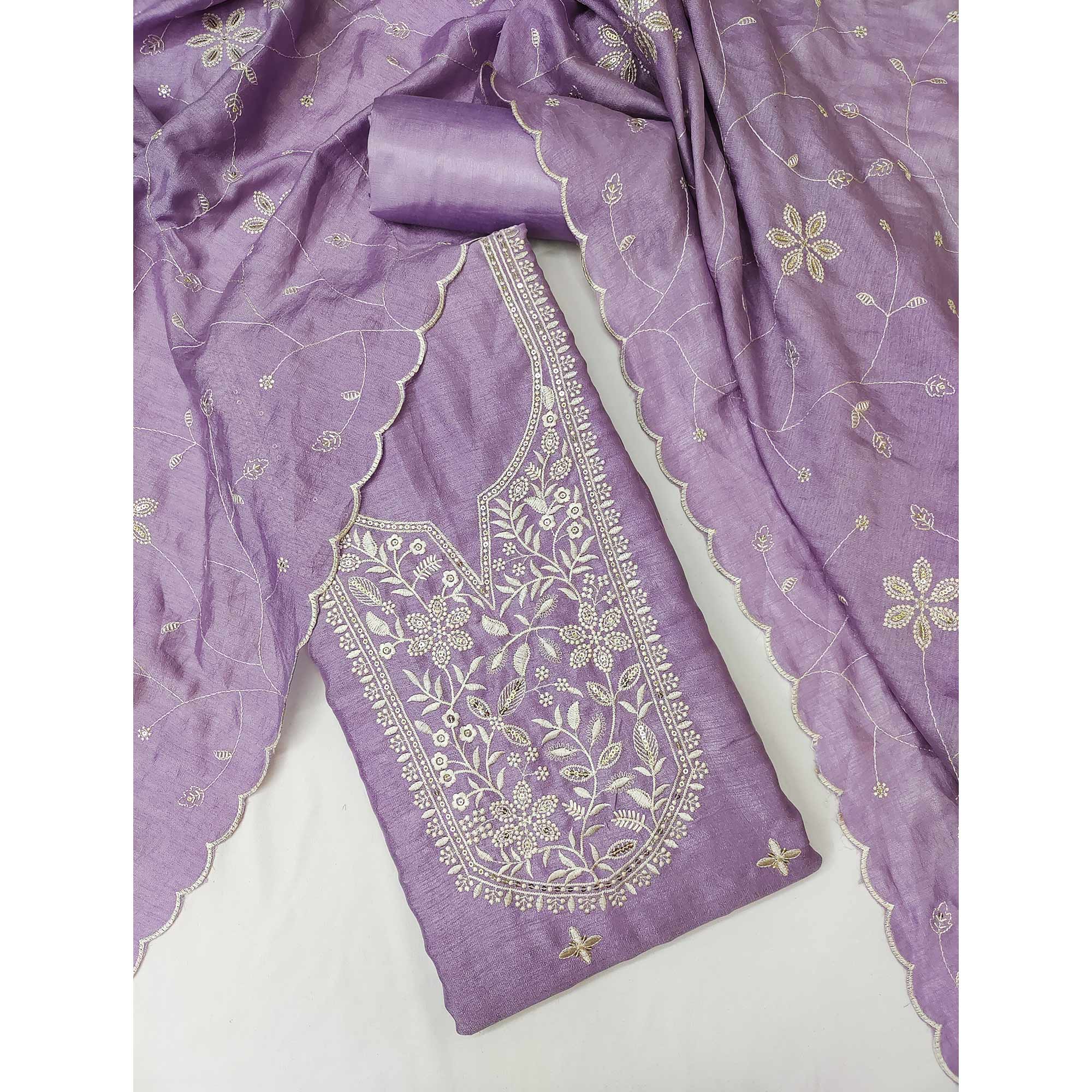 Elegant Lavender Floral Thread Embroidered With Sequins Work Vichitra Silk Dress Material - Image 3