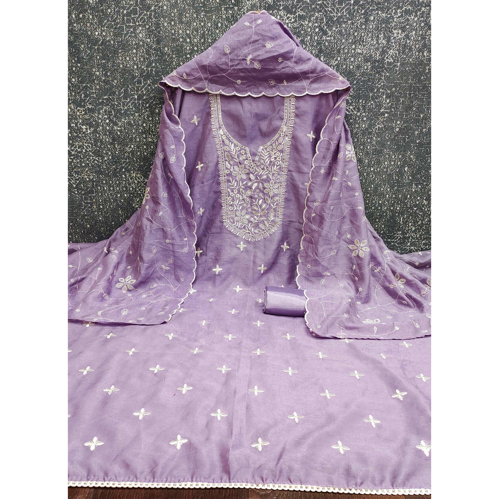 Elegant Lavender Floral Thread Embroidered With Sequins Work Vichitra Silk Dress Material - Image 4