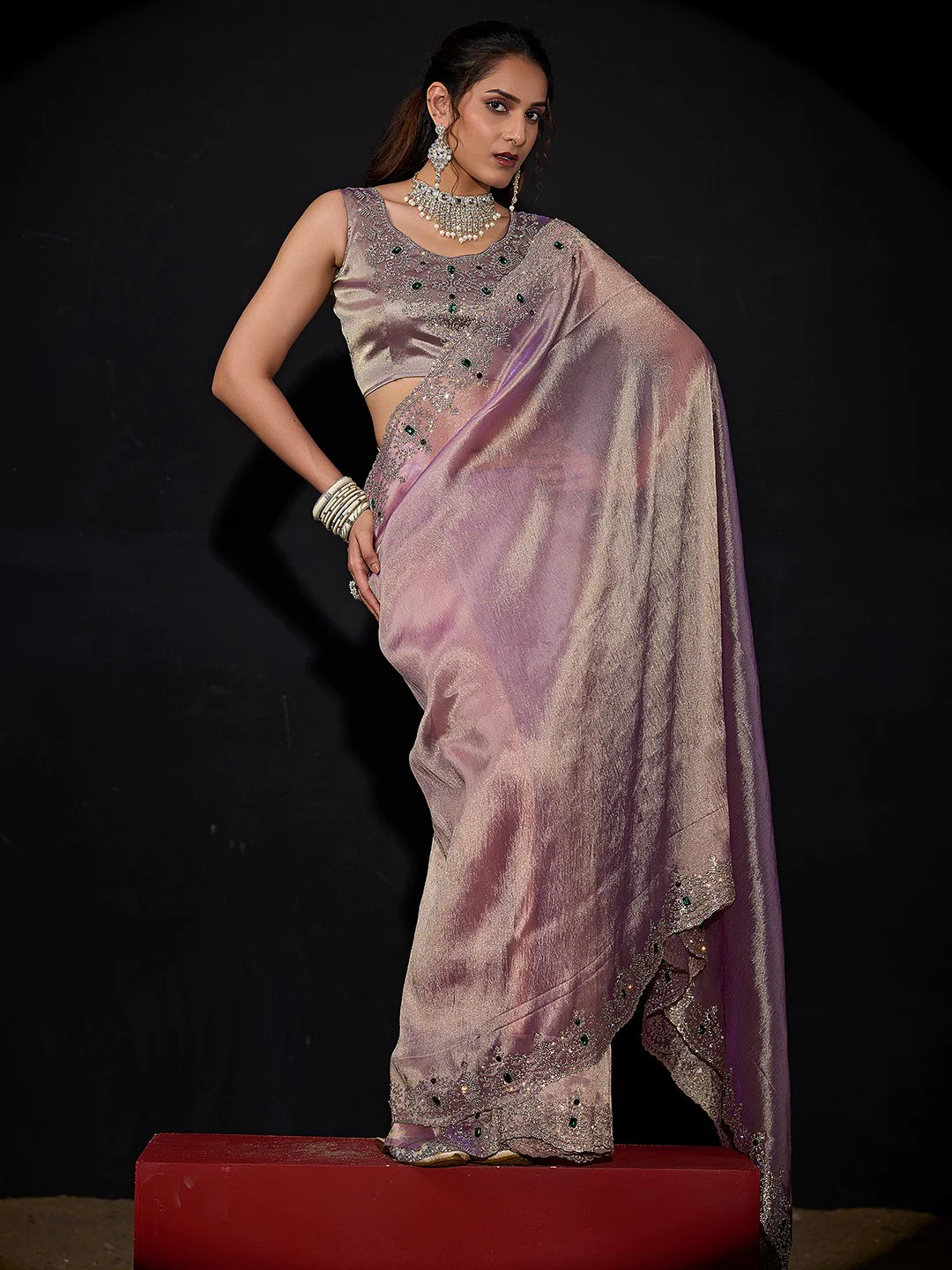Elegant Lavender Kanjivaram Silk Saree With Heavy Stone Work & Pure Kundan Border Detailing