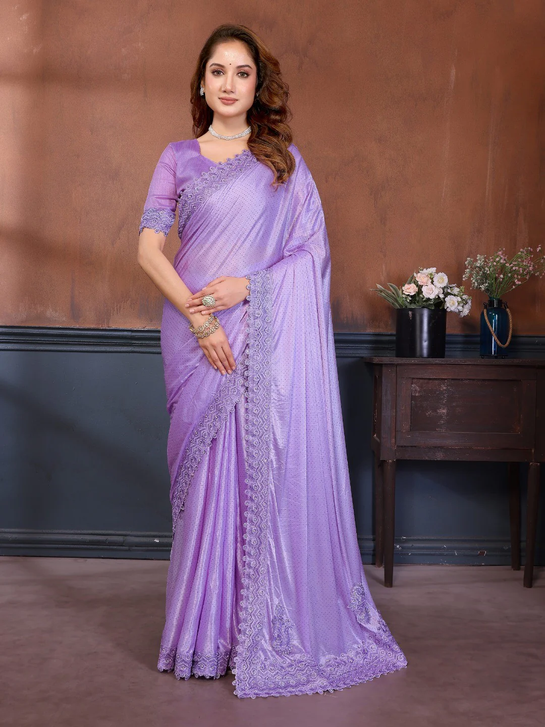 Elegant Lavender Lycra Saree with Stone Embellishments & Patch Work