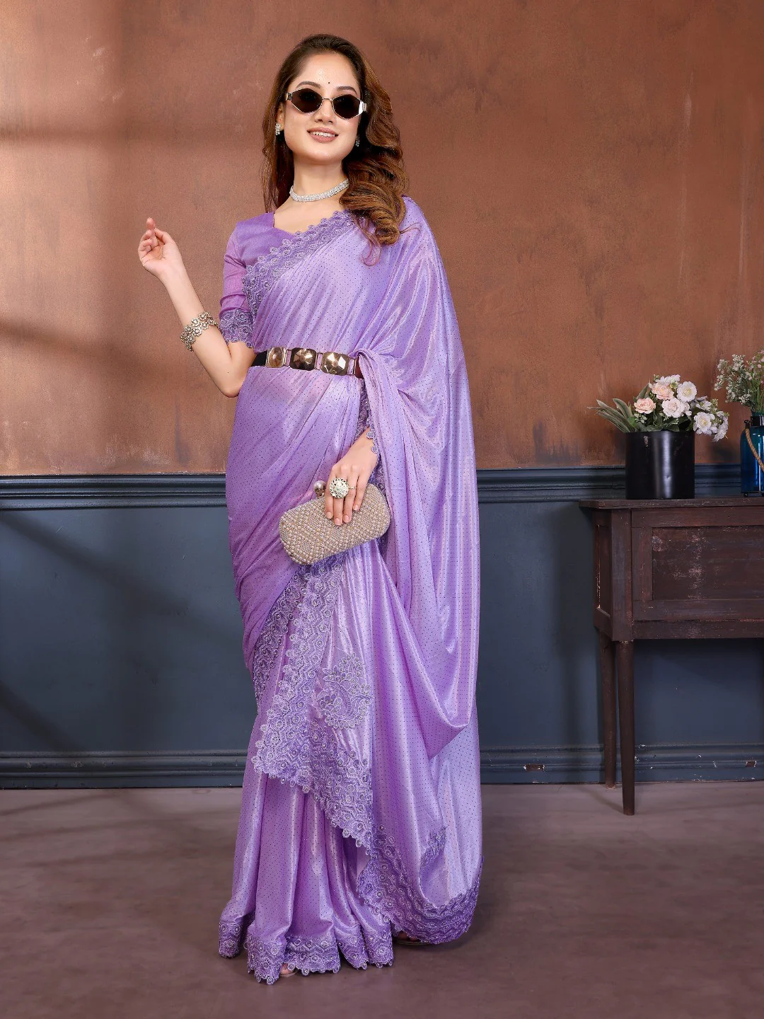 Elegant Lavender Lycra Saree with Stone Embellishments & Patch Work - Image 4