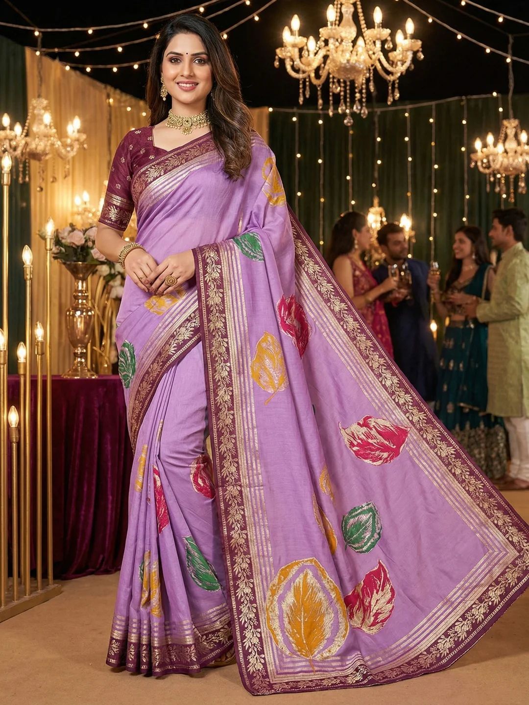 Elegant Lavender Muslin Saree with Floral Print and Zari Border