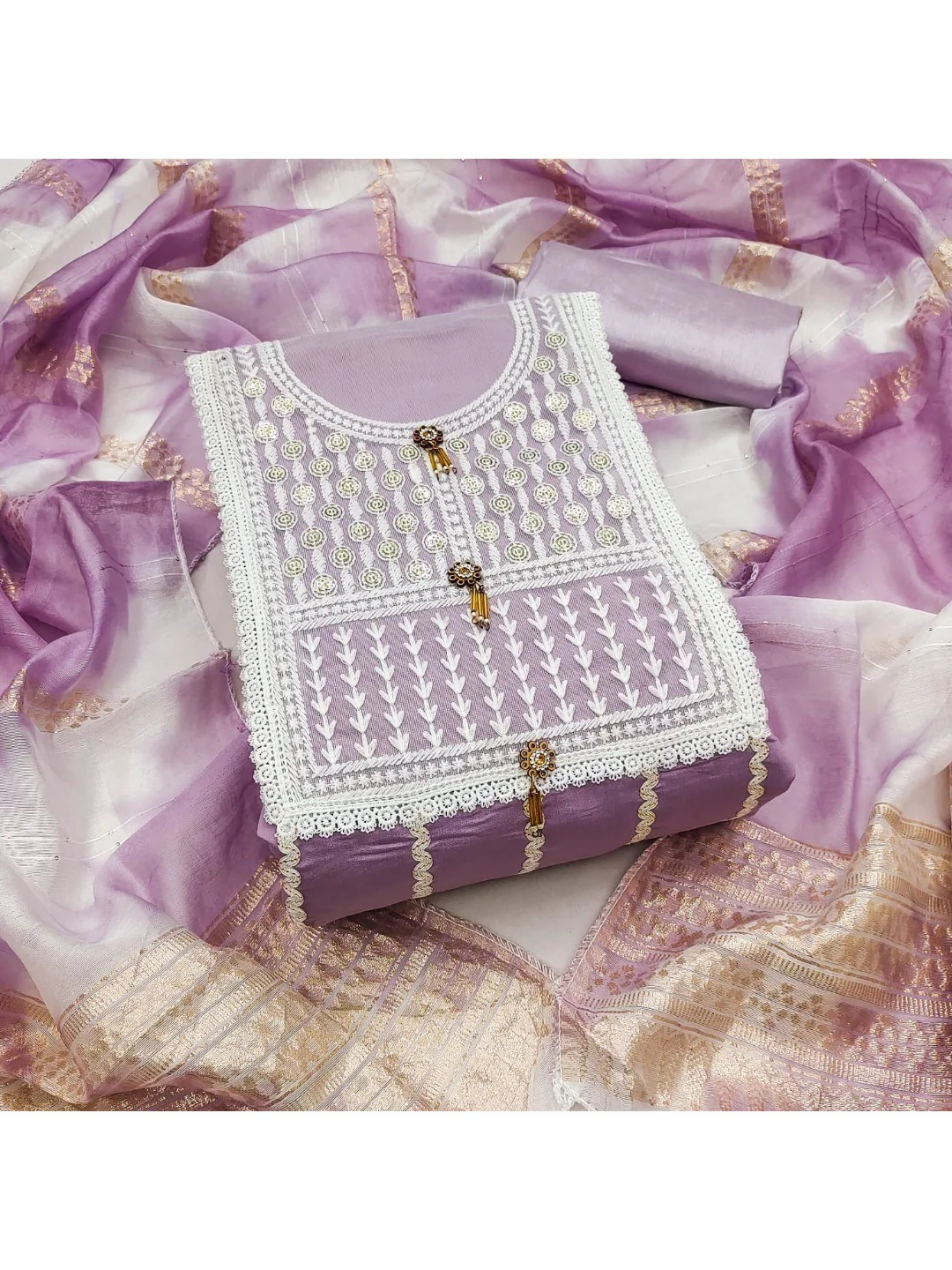 Elegant Lavender Roman Cotton Blend Dress Material With Thread Embroidery & Sequins Work - Image 4