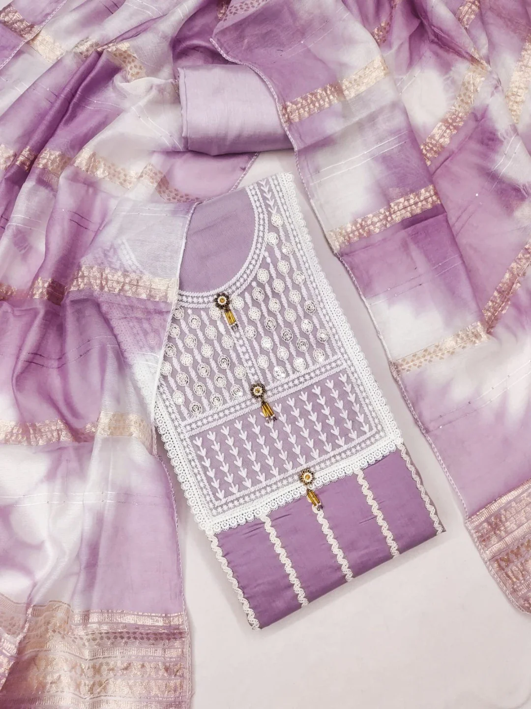 Elegant Lavender Roman Cotton Blend Dress Material With Thread Embroidery & Sequins Work - Image 5