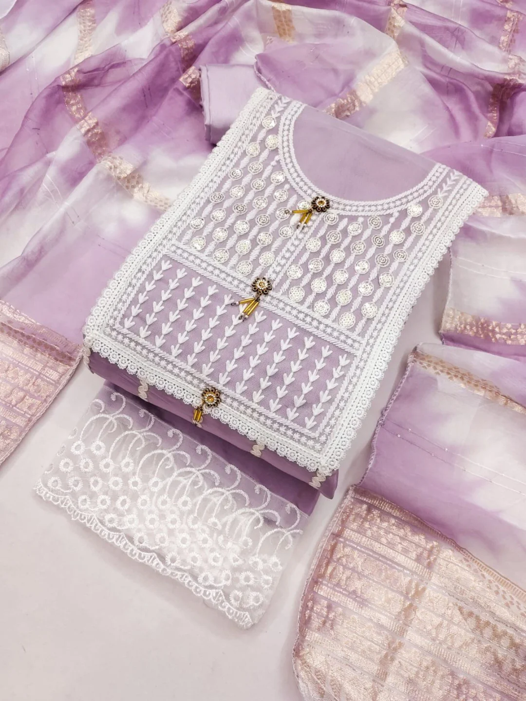 Elegant Lavender Roman Cotton Blend Dress Material With Thread Embroidery & Sequins Work - Image 7