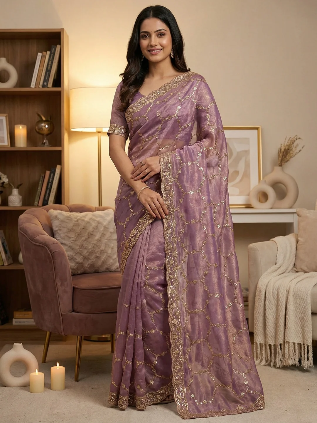 Elegant Lavneder Shimmer Saree Adorned With Intricate Sequins Embroidery Work