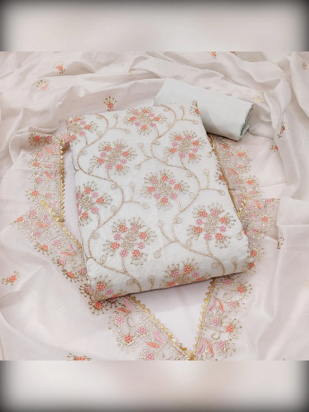Elegant Light Grey Floral Thread & Zari Embroidered Chanderi Cotton Dress Material - Image 3