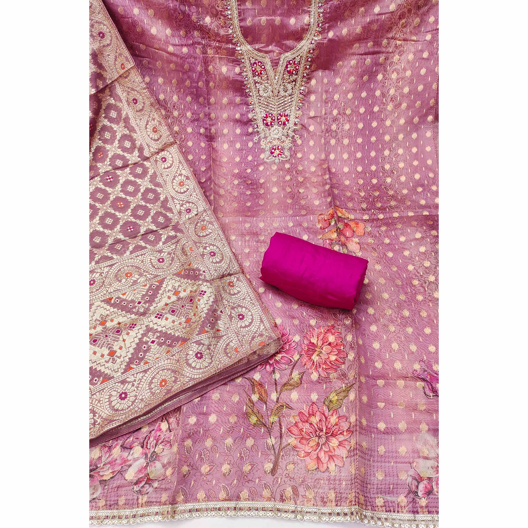 Elegant Light Magenta Floral Weaving & Digital Print Organza Dress Material With Cording Embroidery - Image 4