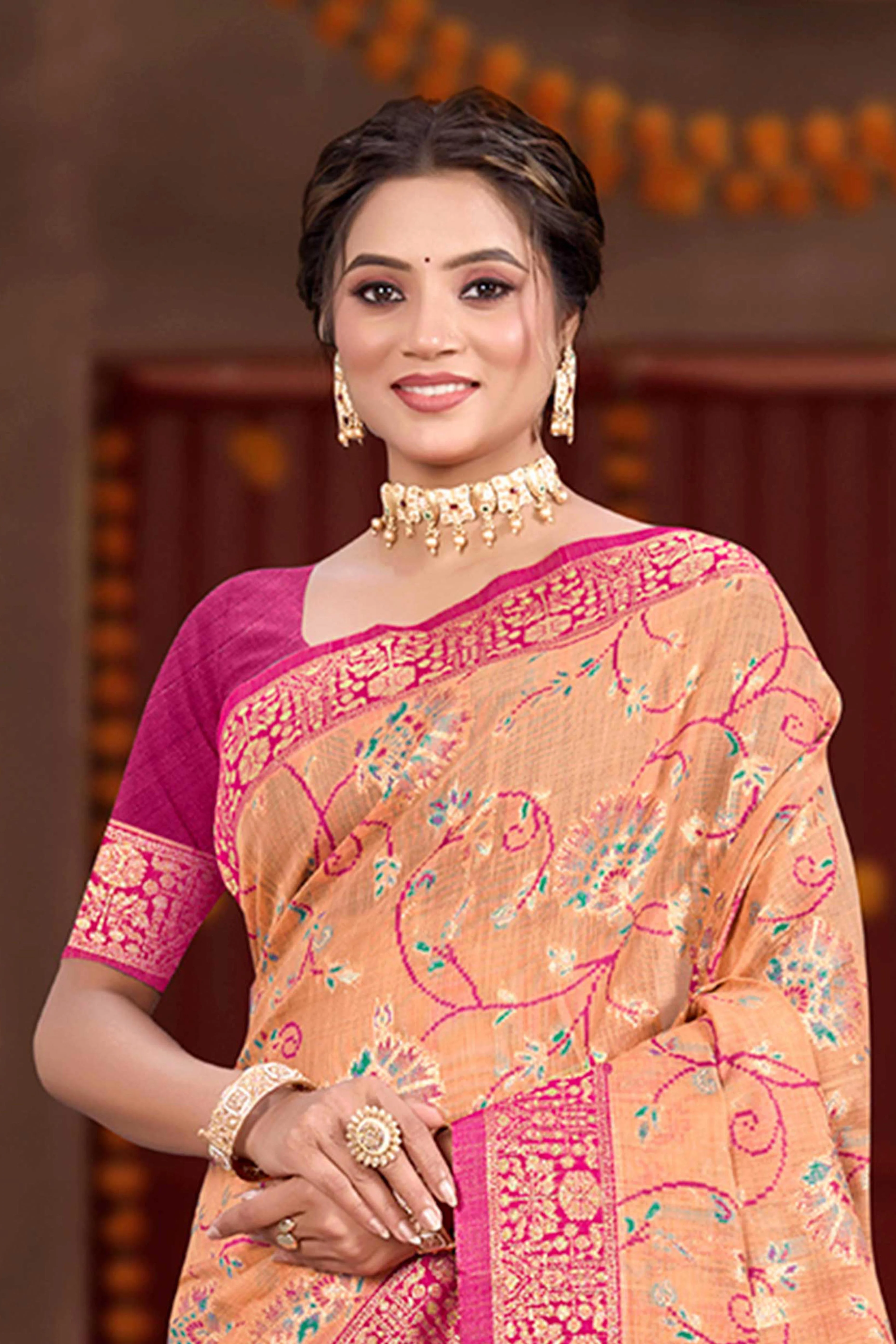 Elegant Light Orange Cotton Silk Saree Adorned With Floral Weaving & Graceful Tassel Pallu - Image 3