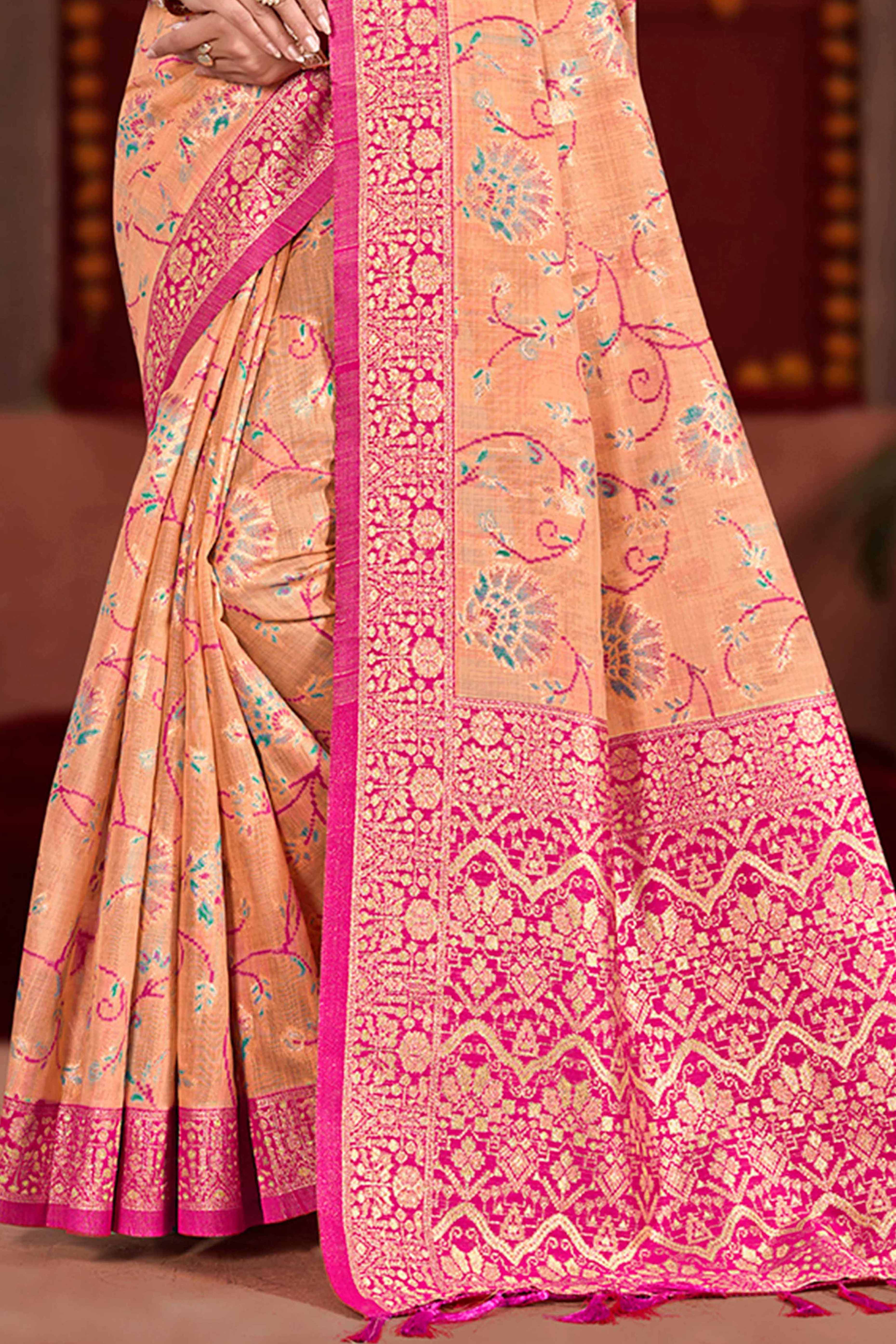 Elegant Light Orange Cotton Silk Saree Adorned With Floral Weaving & Graceful Tassel Pallu - Image 4