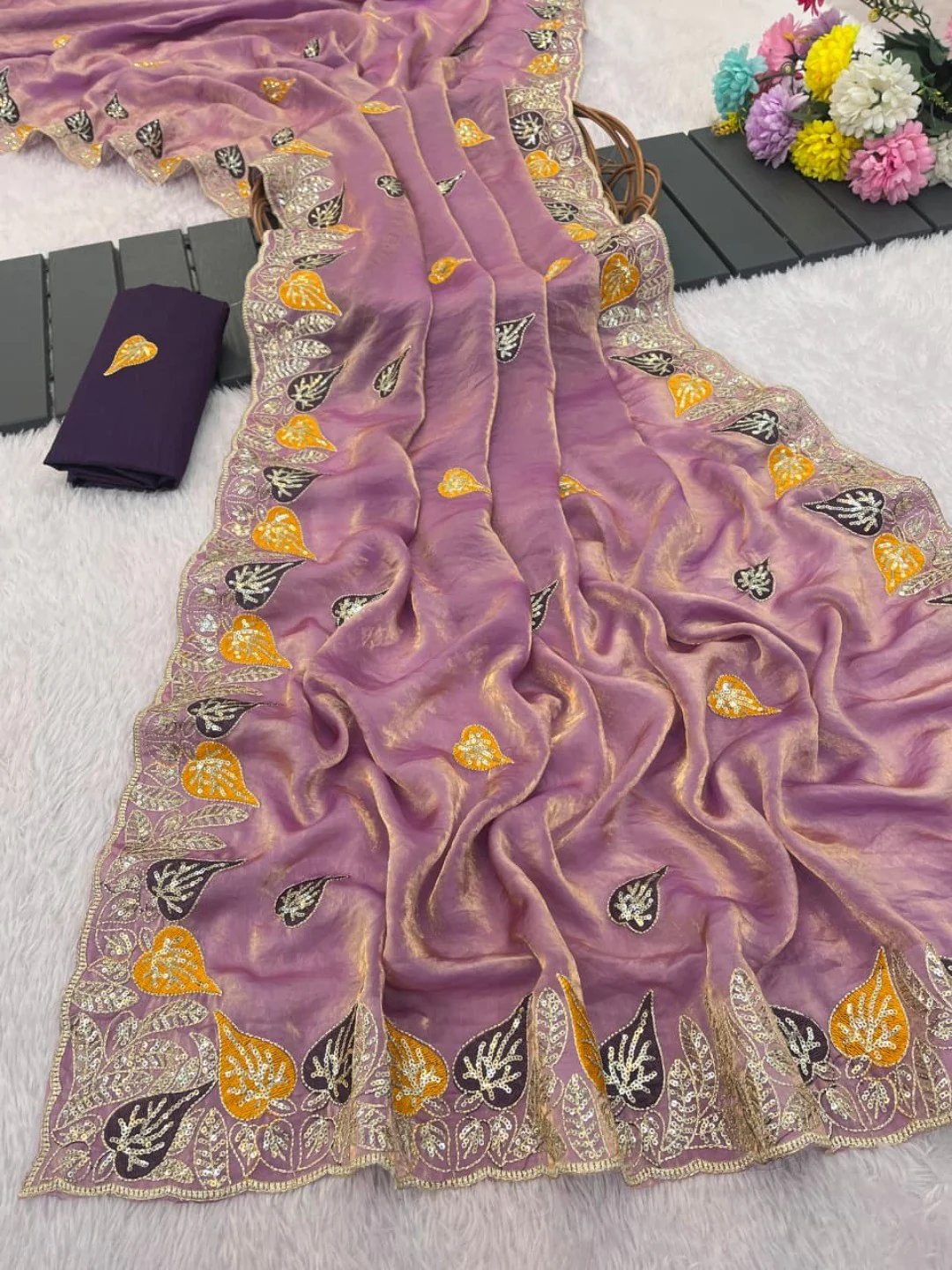 Elegant Light Purple Organza Satin Silk Saree with Leaf Embroidery - Image 2