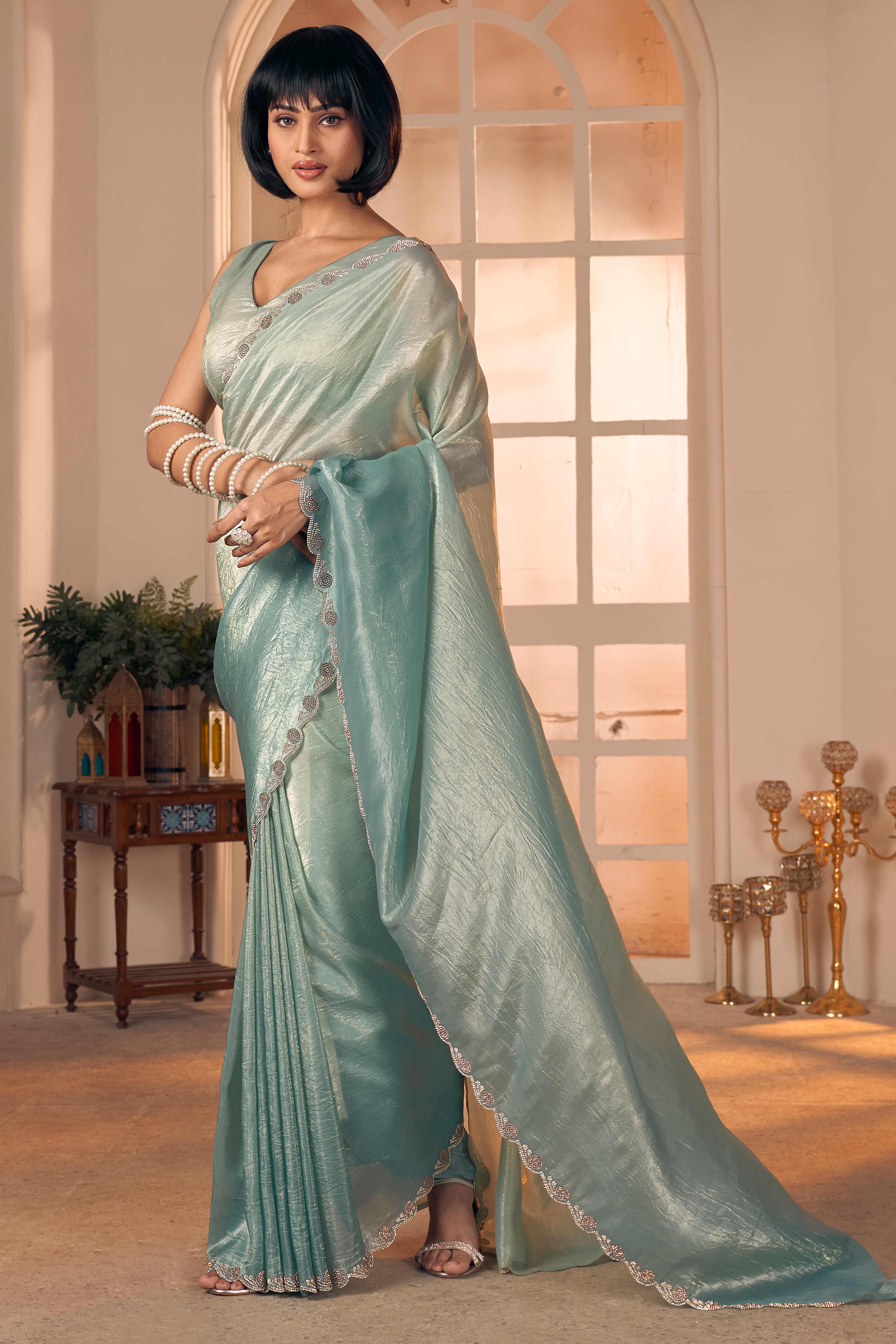 Elegant Light Sea Green Pure Silk Saree Enhanced With Premium Zarkan Cutwork Embellishment - Image 3
