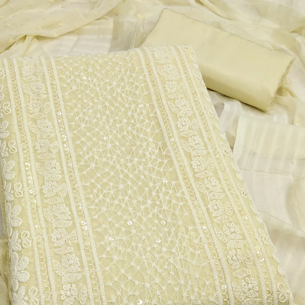 Elegant Light Yellow Floral Embroidered Georgette Dress Material With Delicate Sequins Accents - Image 2