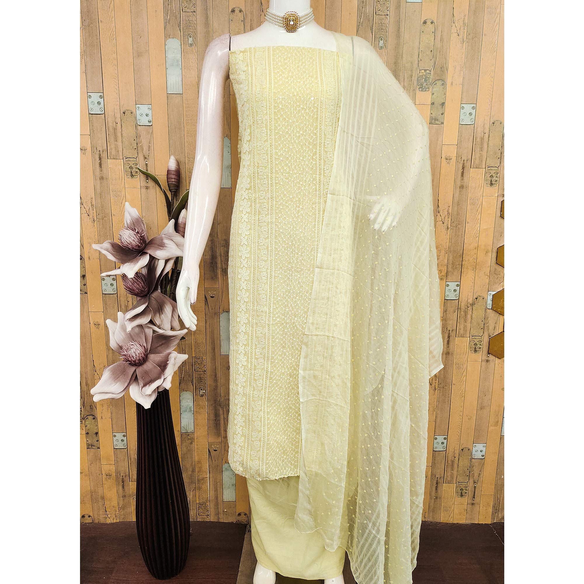 Elegant Light Yellow Floral Embroidered Georgette Dress Material With Delicate Sequins Accents - Image 3