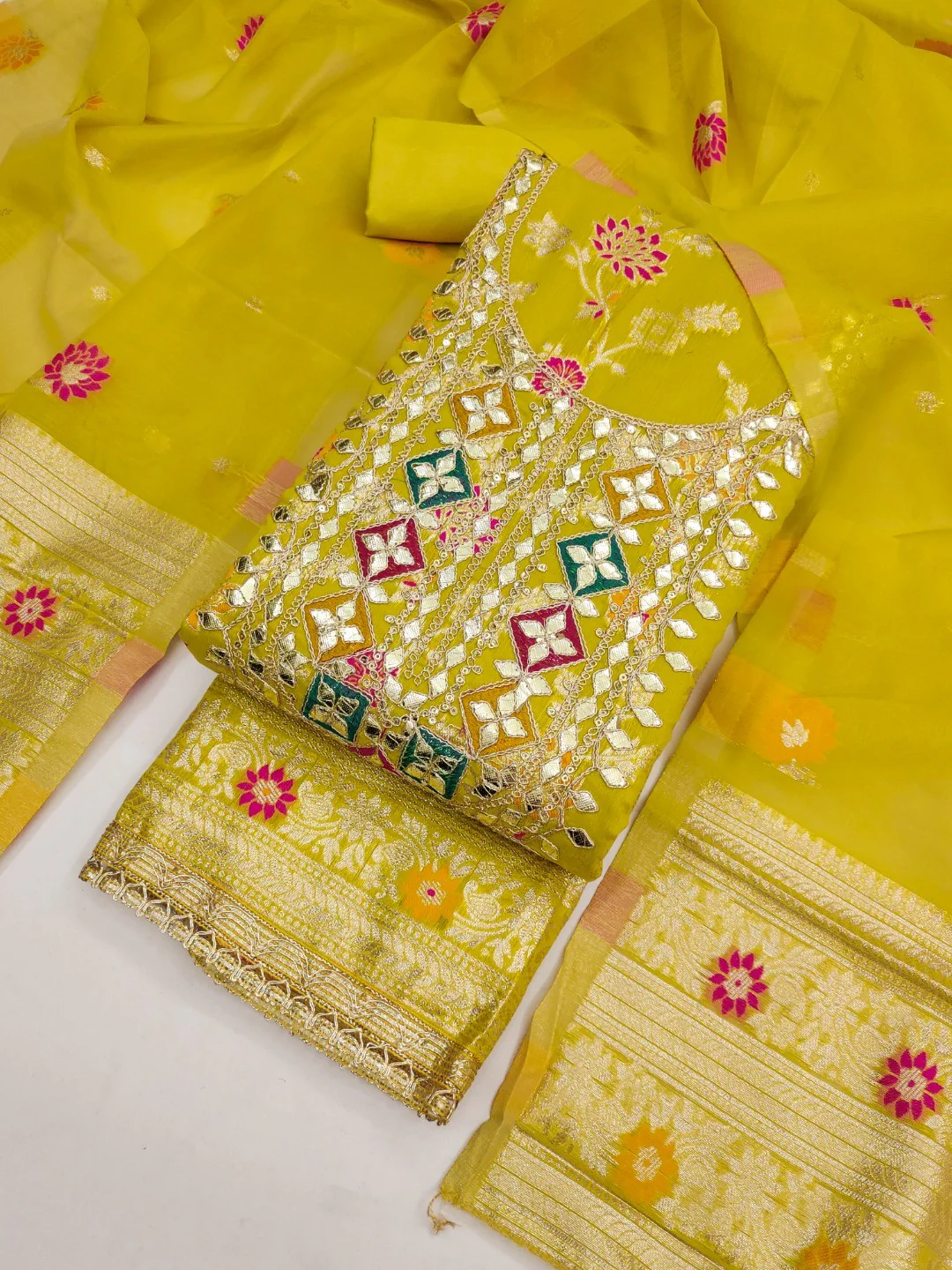 Elegant Lime Green Floral Weave Banarasi Silk Dress Material With Sequins Embroidered Accents - Image 5
